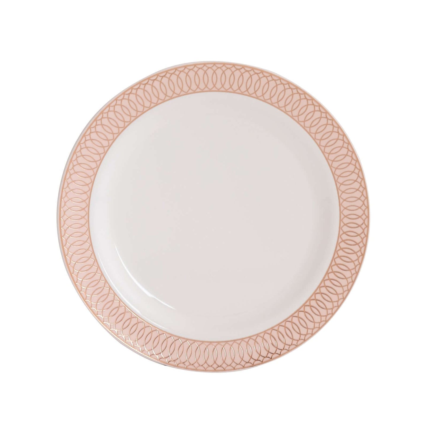 10-Pack Plastic Round Dinner Plates 10" White with Blush Rose Gold Spiral Rim - Chic Disposable Party Plates