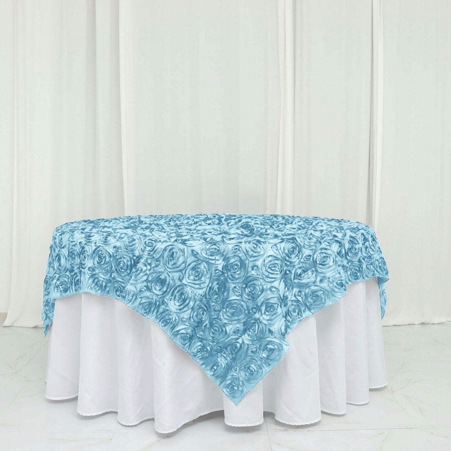 Satin 72"x72" Table Overlay Square Tablecloth Light Blue - 3D Rosette Table Cover