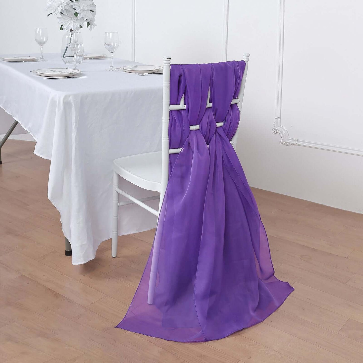 5 Pack Chiffon Chair Sashes Purple - Soft & Lightweight Designer Chair Bows 22"x78"