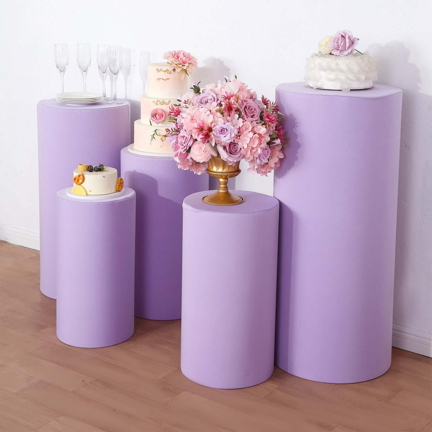 Set of 5 Lavender Lilac Spandex Cylinder Pedestal Stand Covers, Stretchable Pillar Prop Covers - 160 GSM