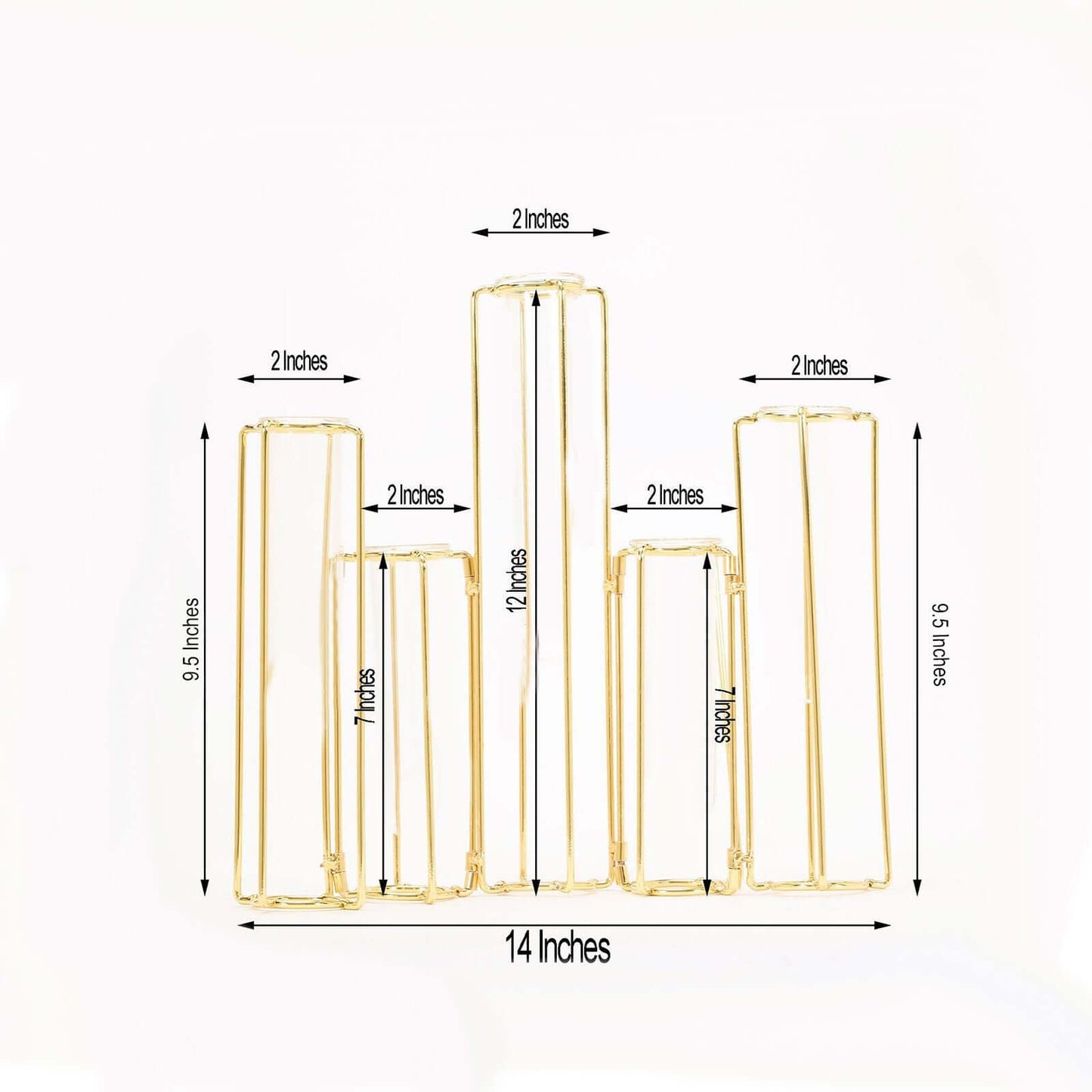 Set of 5 Wedding Centerpieces Gold Frame Conjoined Geometric Design - Test Tube Hydroponic Vases 12"