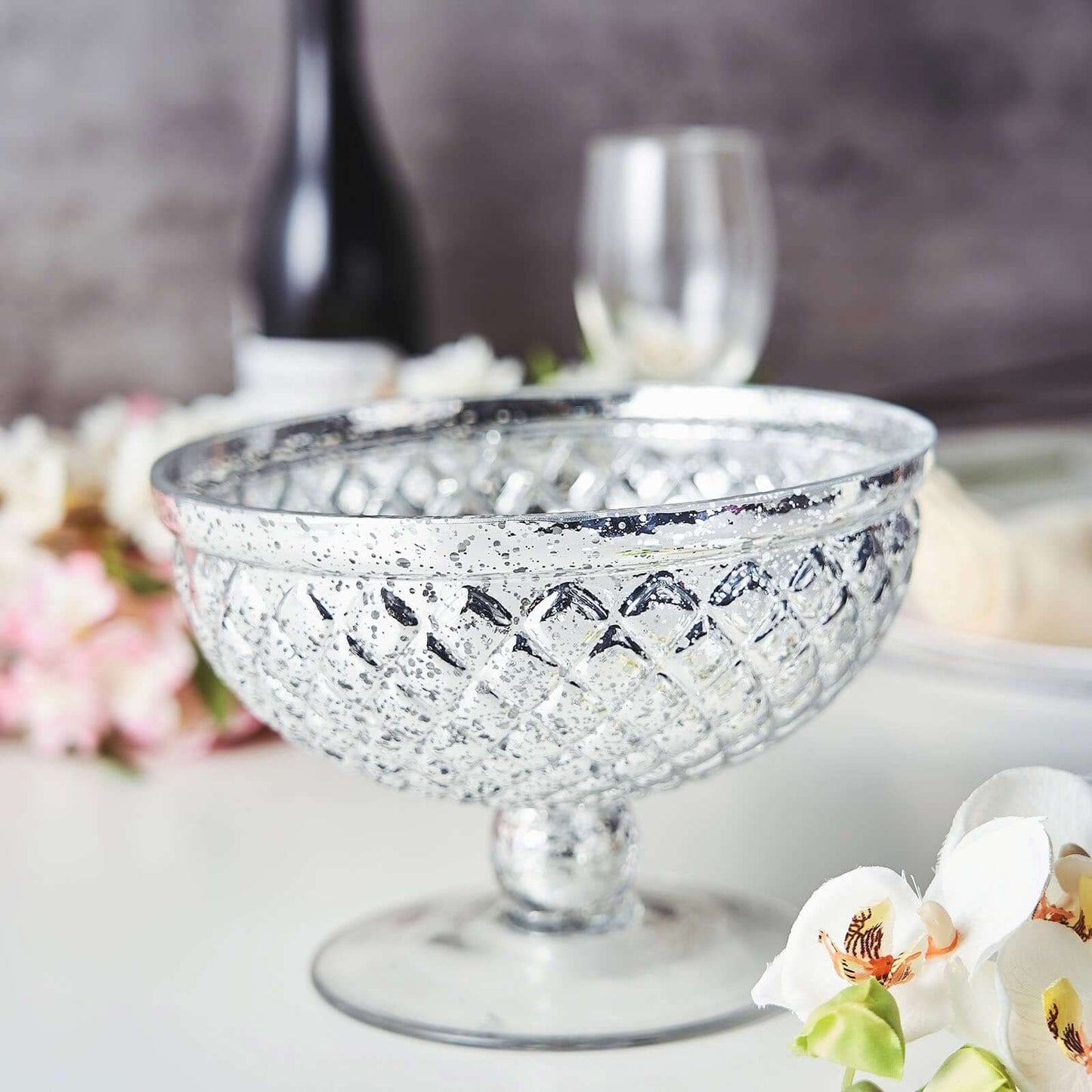 Mercury Glass Pedestal Bowl Vase Compote Style Silver - Sophisticated Floral Table Decor for Events 8"
