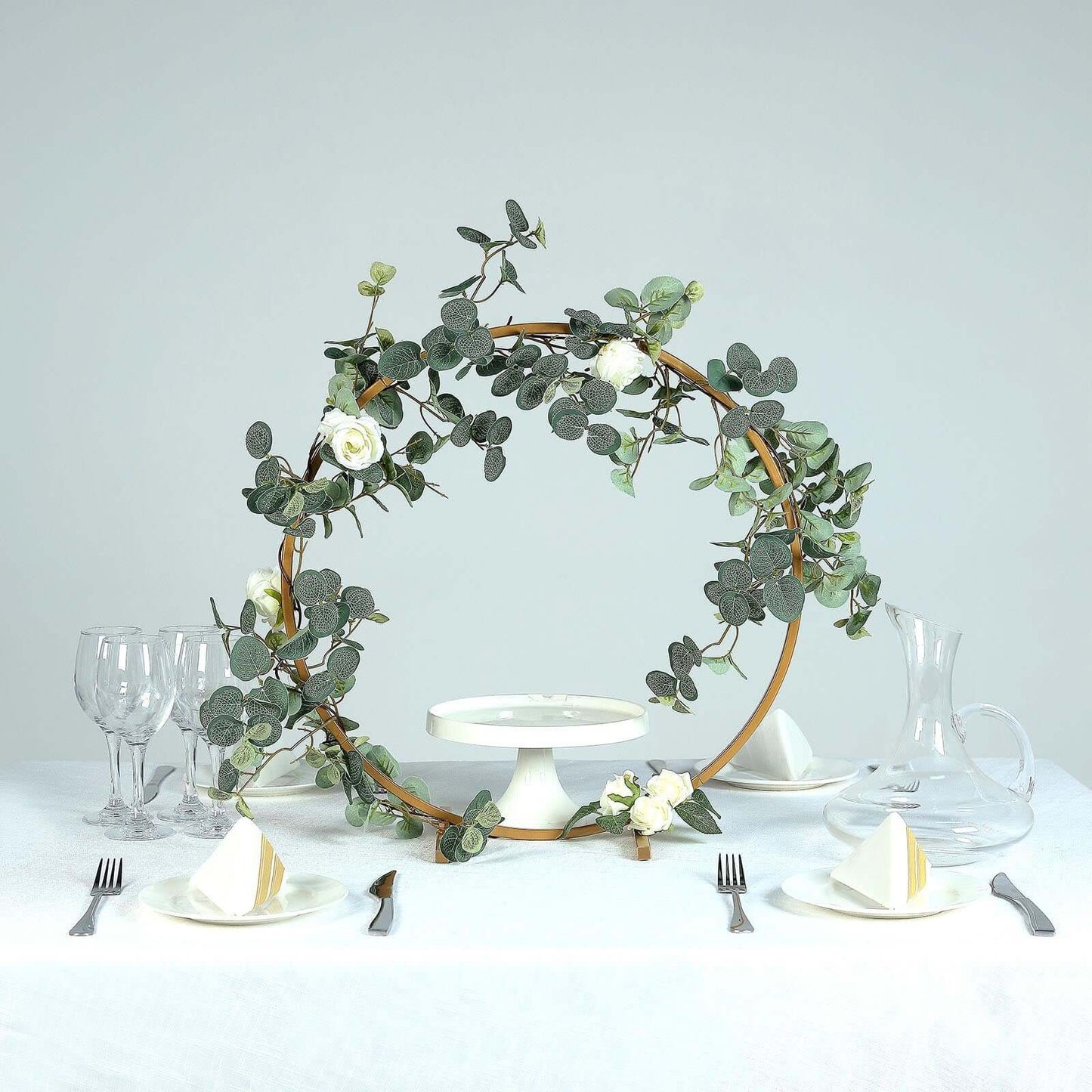 20" Gold Round Arch Wedding Centerpiece, Metal Hoop Wreath Tabletop Decor