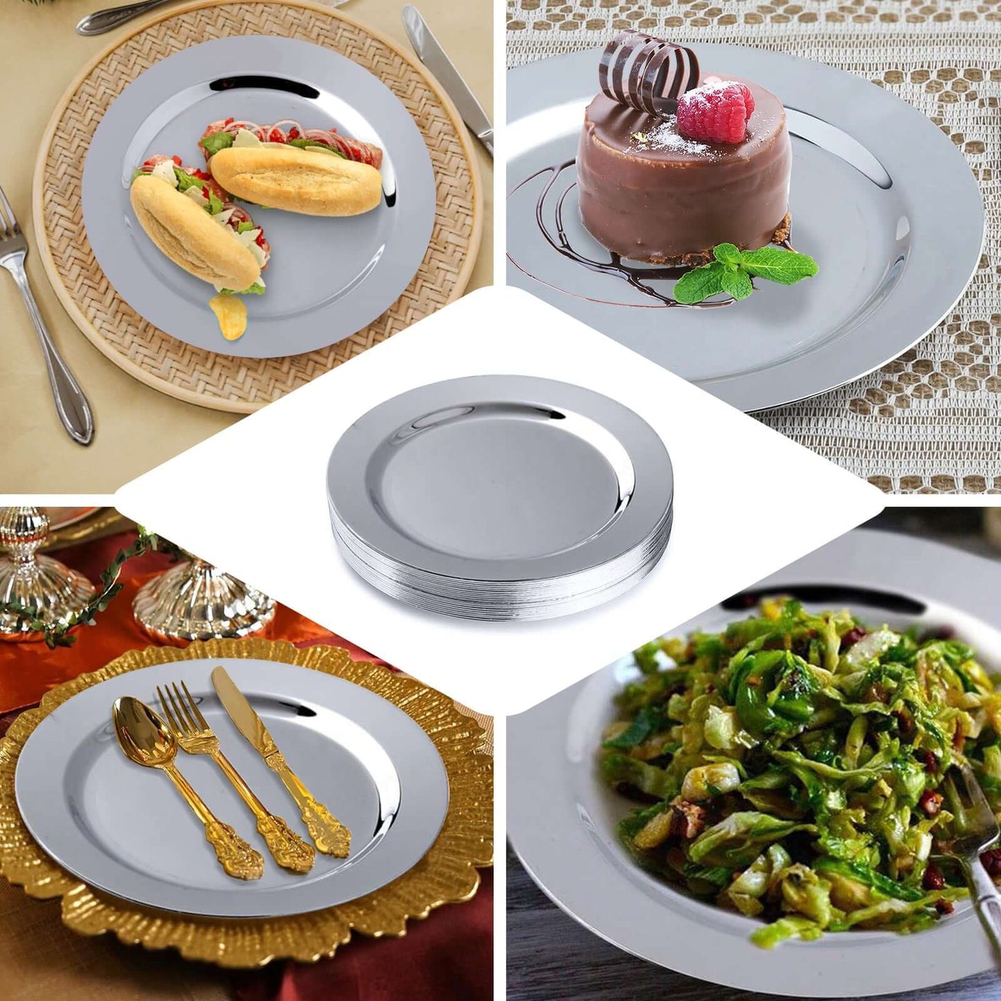 12-Pack Plastic Dessert Plates Glossy Silver with Metallic Finish - Lightweight Disposable Appetizer Plates 8"