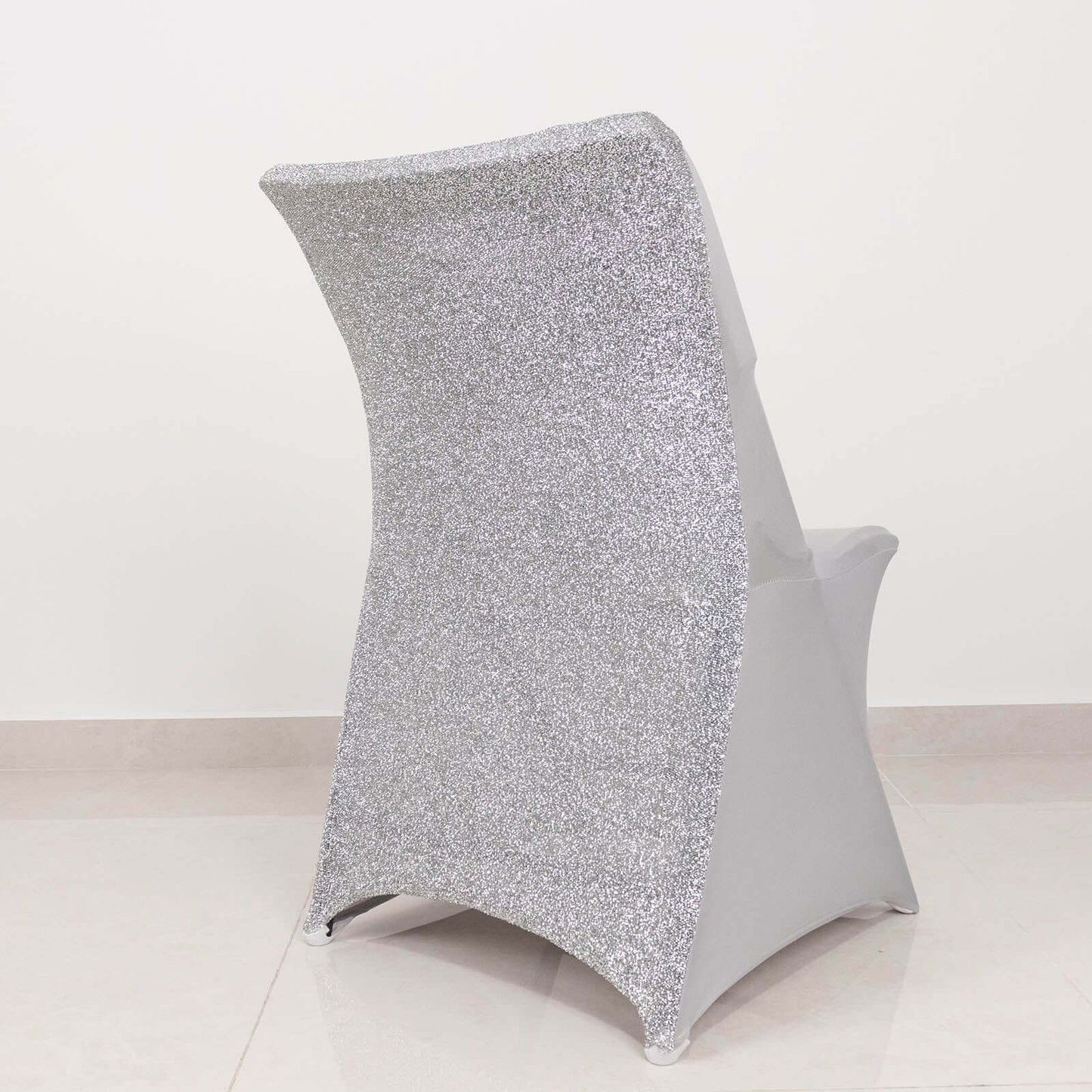 Stretch Spandex Chair Cover Silver for Folding Chairs - Metallic Shimmer Tinsel Back Design Fitted Slipcover