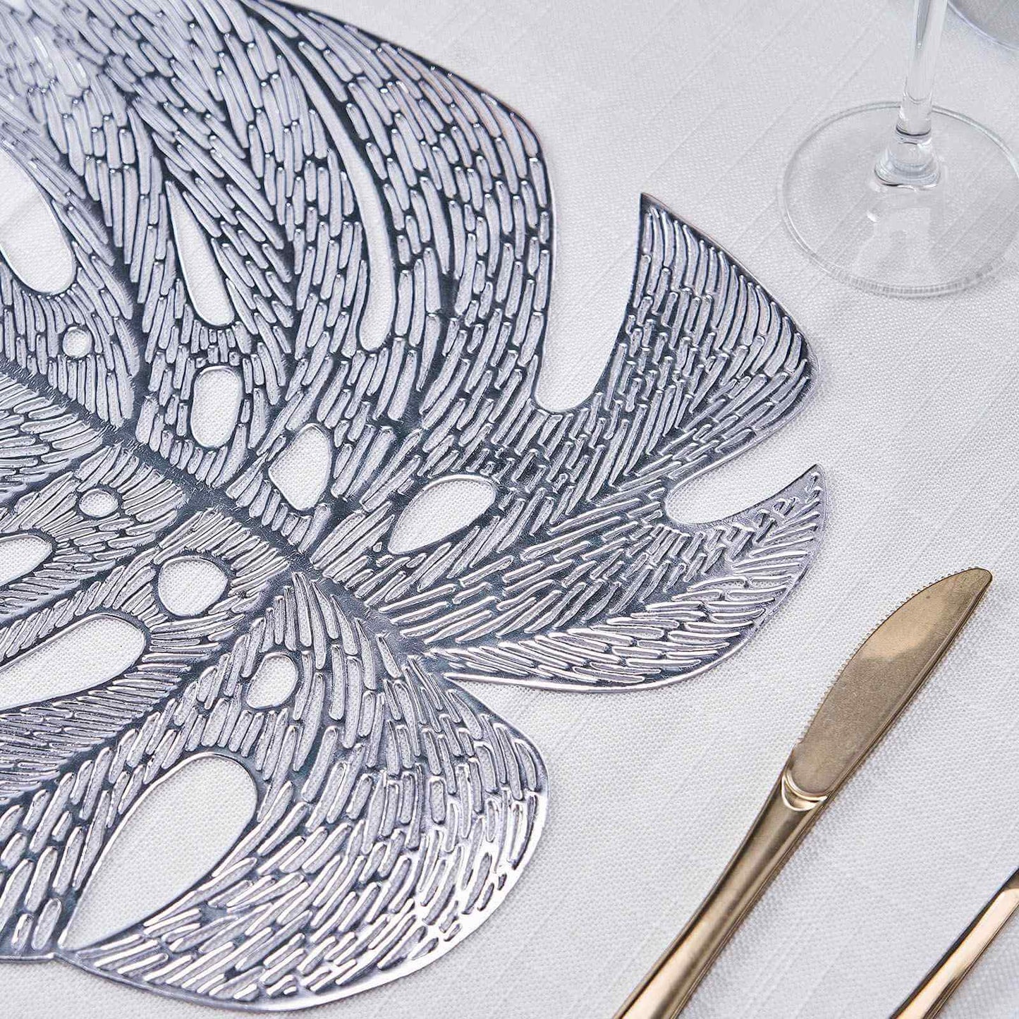 6-Pack Dining Table Mats Monstera Leaf Design Silver - Vinyl Non-Slip Surface for Tropical Themes 18"