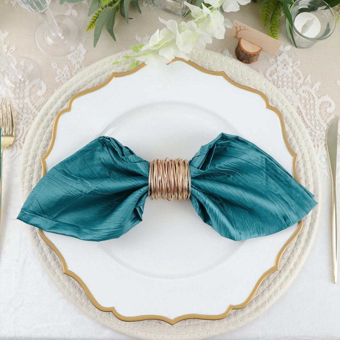 5 Pack Taffeta 20"x20" Napkins Peacock Teal - Accordion Crinkle Dinner Napkins