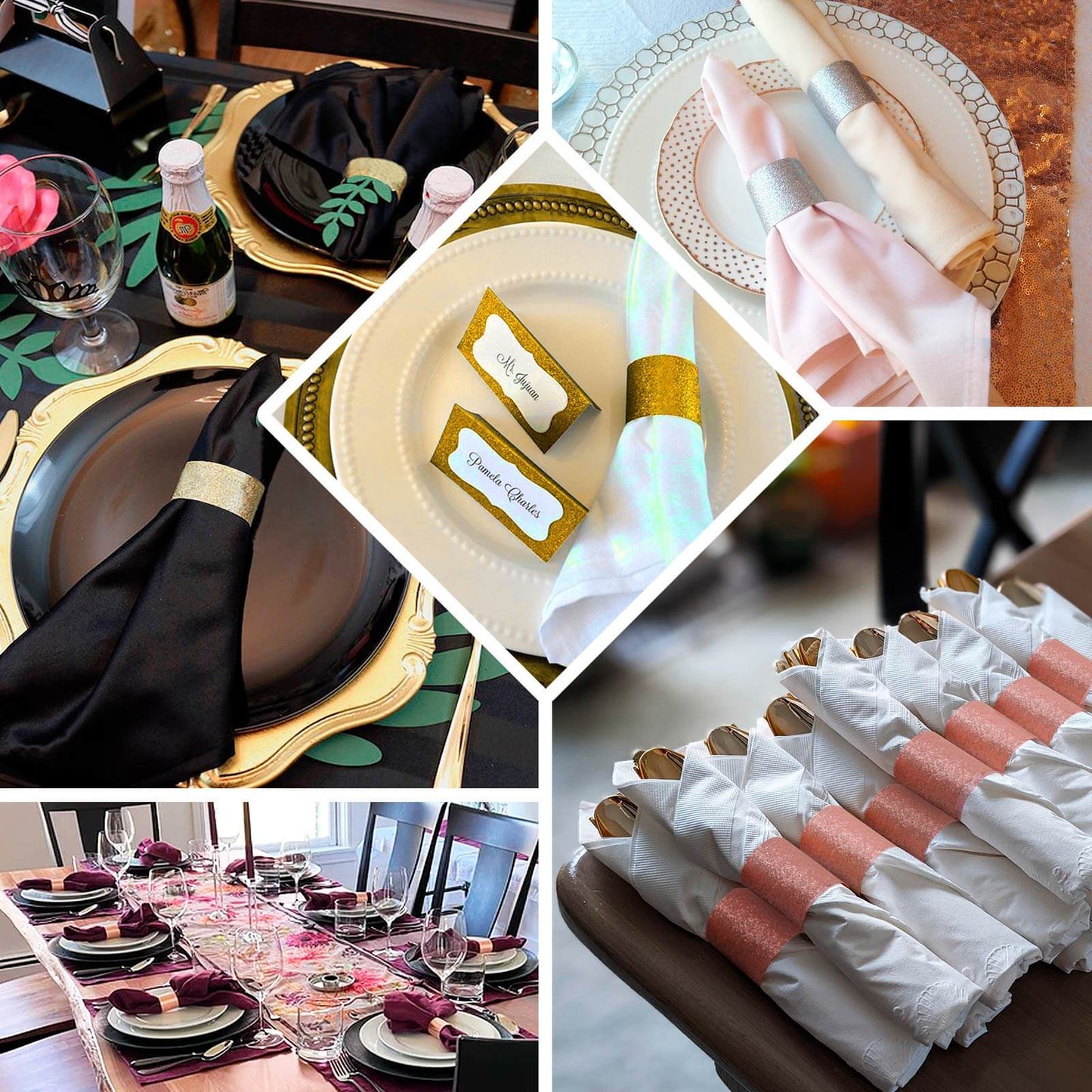 50-Pack Paper Napkin Rings Gold Glitter - Stylish Disposable Napkin Holders 1.5"