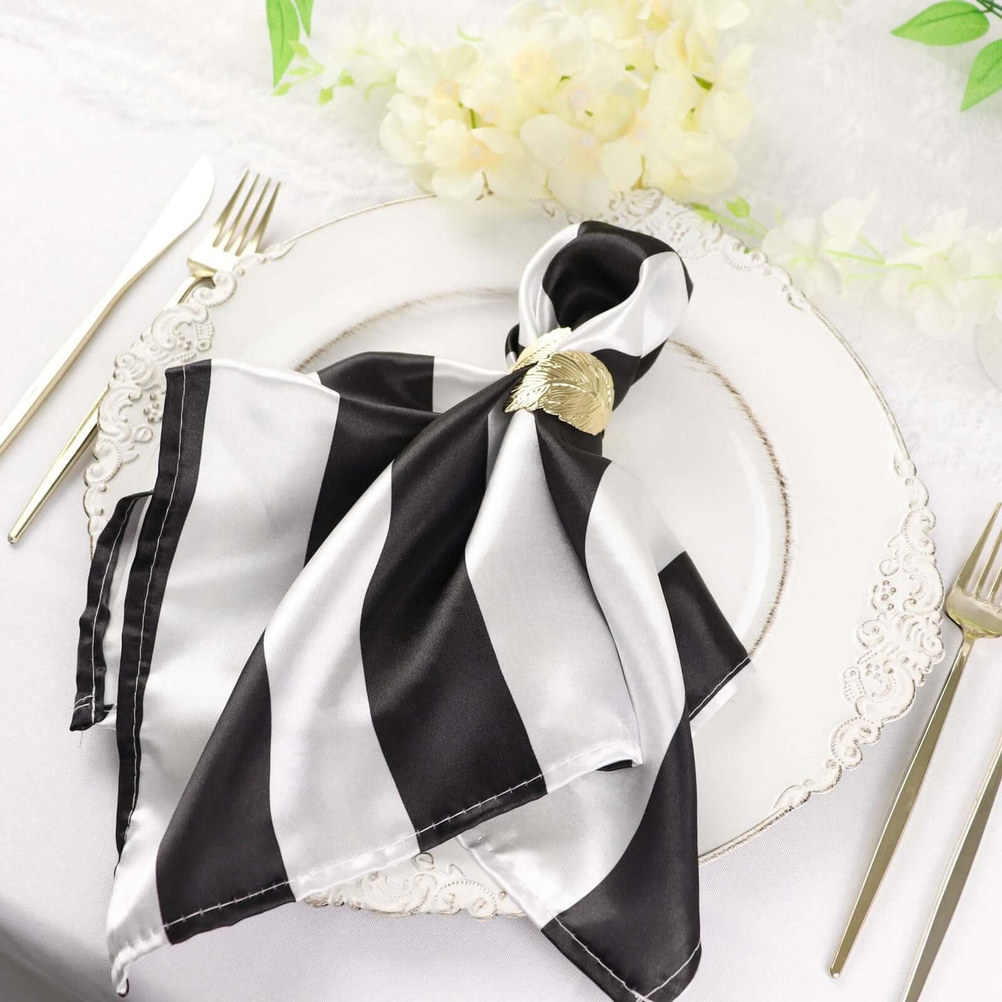 5 Pack Satin 20"x20" Napkins Black/White - Striped Reusable Dinner Napkins for Formal & Casual Dining