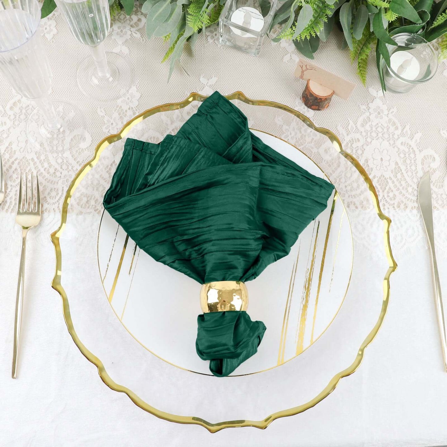 5 Pack Taffeta 20"x20" Napkins Hunter Emerald Green - Accordion Crinkle Dinner Napkins