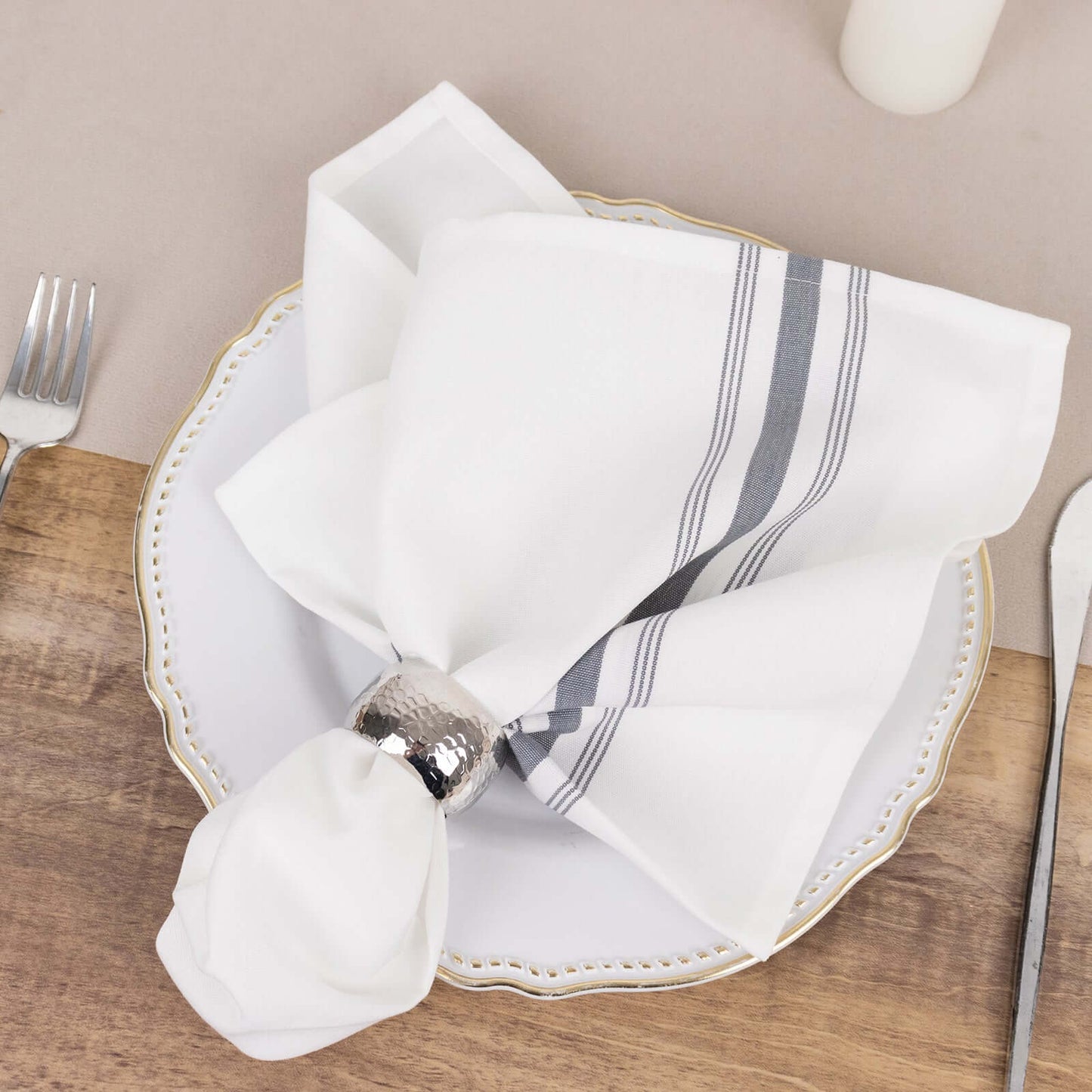 10 Pack Premium Spun Polyester 18"x22" Napkins White/Gray Bistro Style - Highly Absorbent Cotton-Like Feel Cloth Napkins
