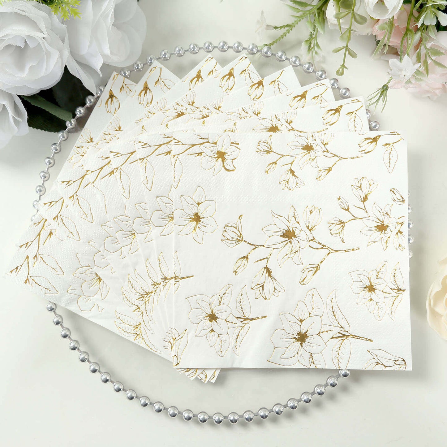 50-Pack Paper Cocktail Napkins with Gold Magnolia Flowers Print White - Highly 2 Ply Absorbent Soft Napkins for Beverages