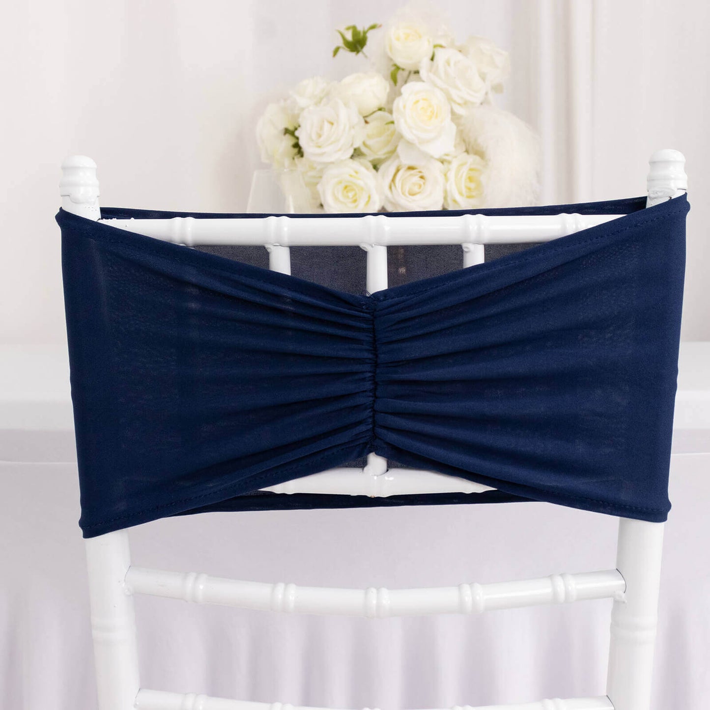5 Pack Spandex Chair Sashes Navy Blue Ruffled Style - Wide Easy to Use Stretch Chair Bands 8"x13"