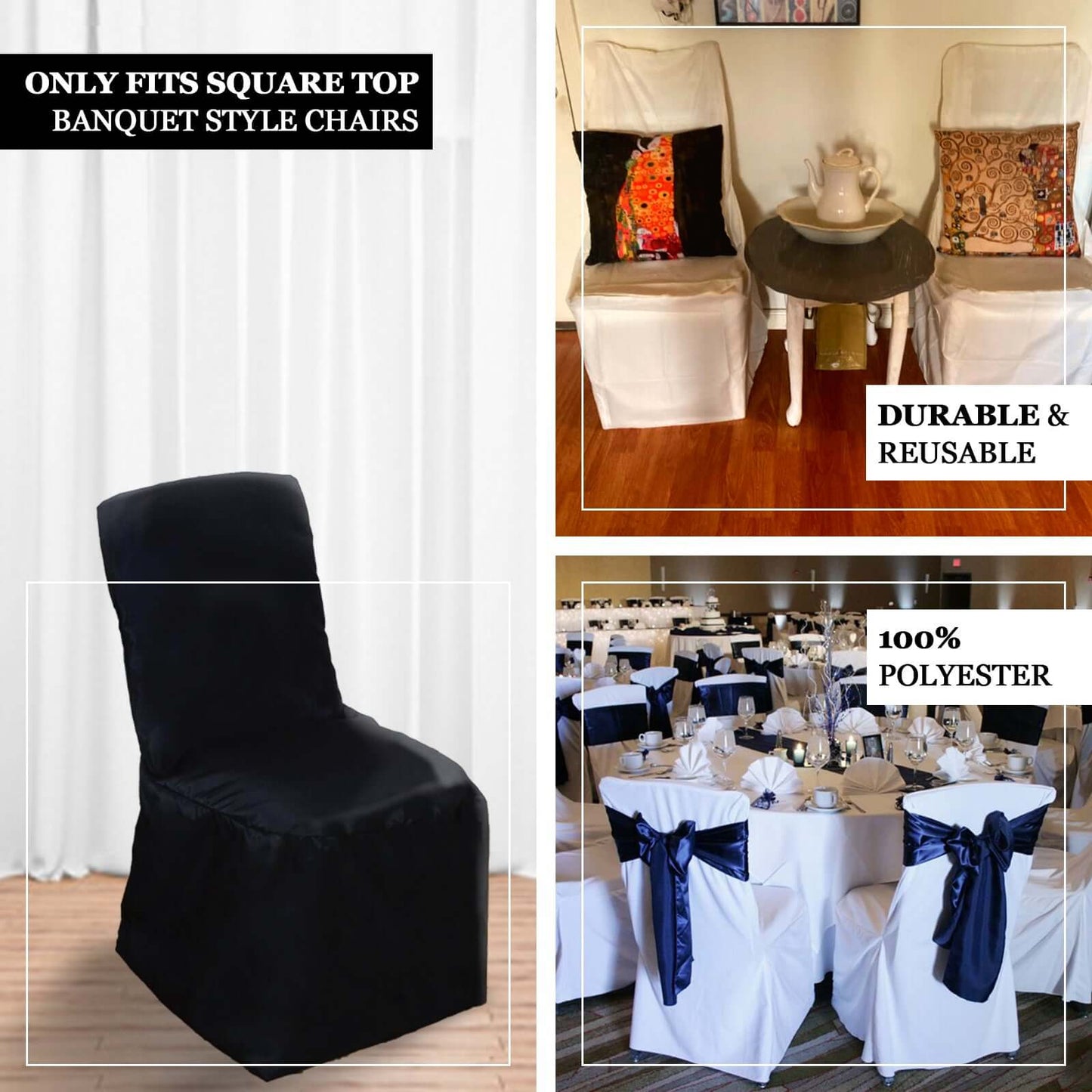 Polyester Chair Cover with Square Top for Banquet Chairs Navy Blue - Durable Reusable Slip-On Cover for Weddings & Parties