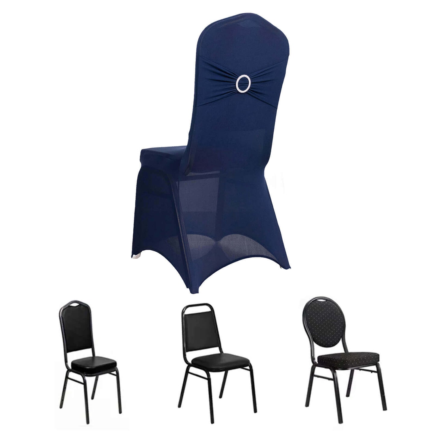 Spandex Chair Cover with Silver Rhinestone Buckled Sash Band Navy Blue - Stretch Fitted Slipcover