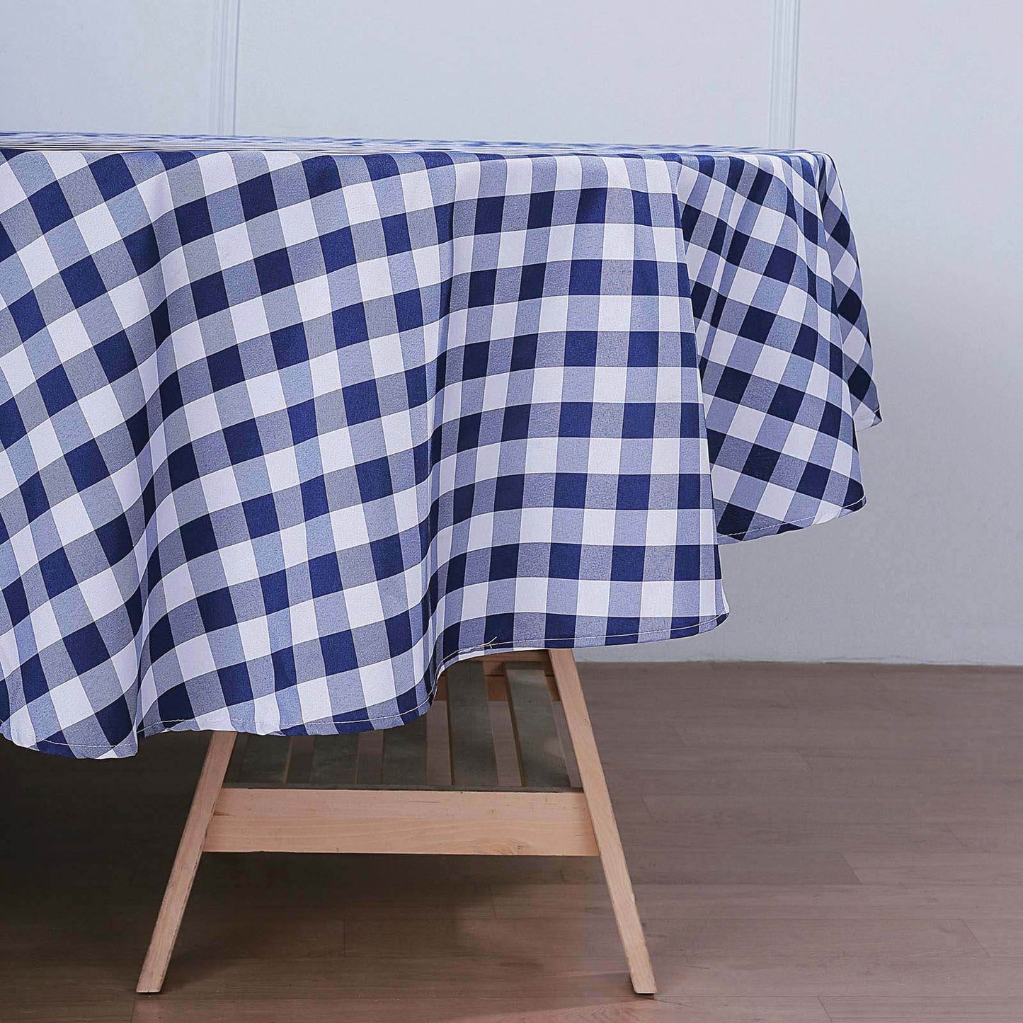 Polyester 108" Round Tablecloth White/Navy Blue - Checkered Buffalo Plaid Table Cover
