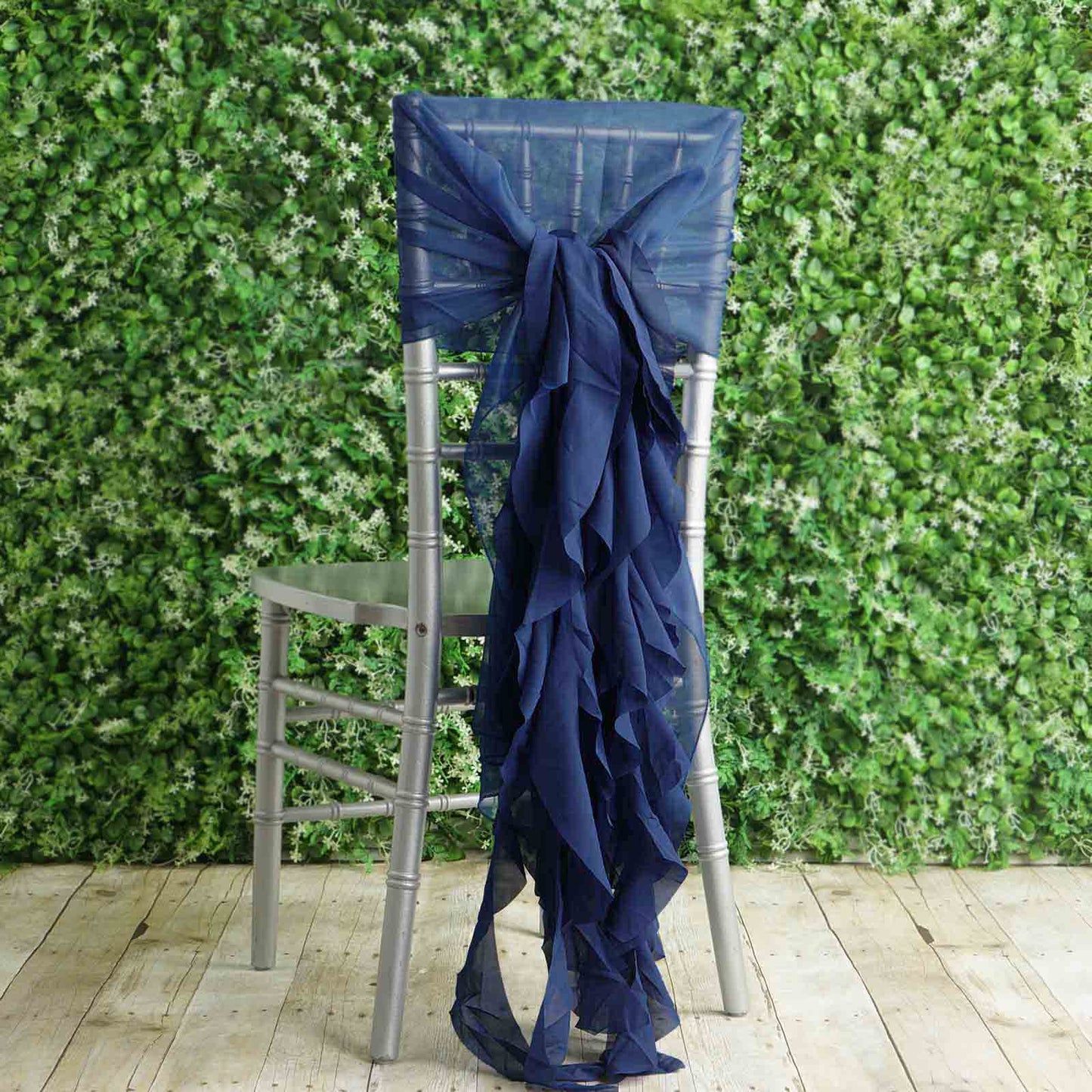 1 Set Chiffon Hoods Chair Sashes with Willow Ruffles Design Navy Blue - Stylish Chair Bow Decor