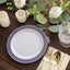 10-Pack Plastic Round Dessert Plates 7" White with Navy Blue Gold Spiral Rim - Disposable Salad Plates