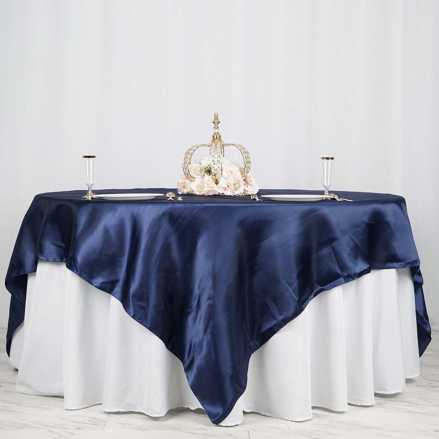Satin 90"x90" Table Overlay Square Tablecloth Navy Blue - Smooth Finish Table Topper