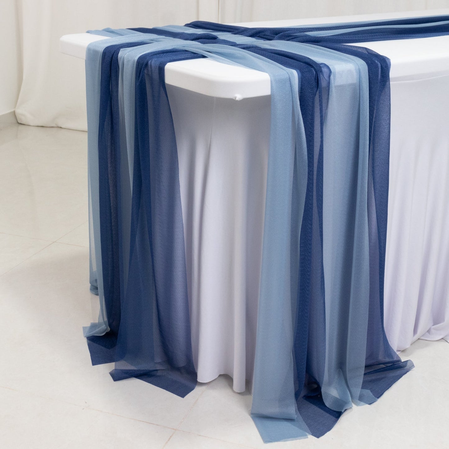 20-Pack 9ft Sheer Table Runners â€“ Navy Blue/Dusty Blue Shimmer Sheer Drapes, Wrinkle-Free