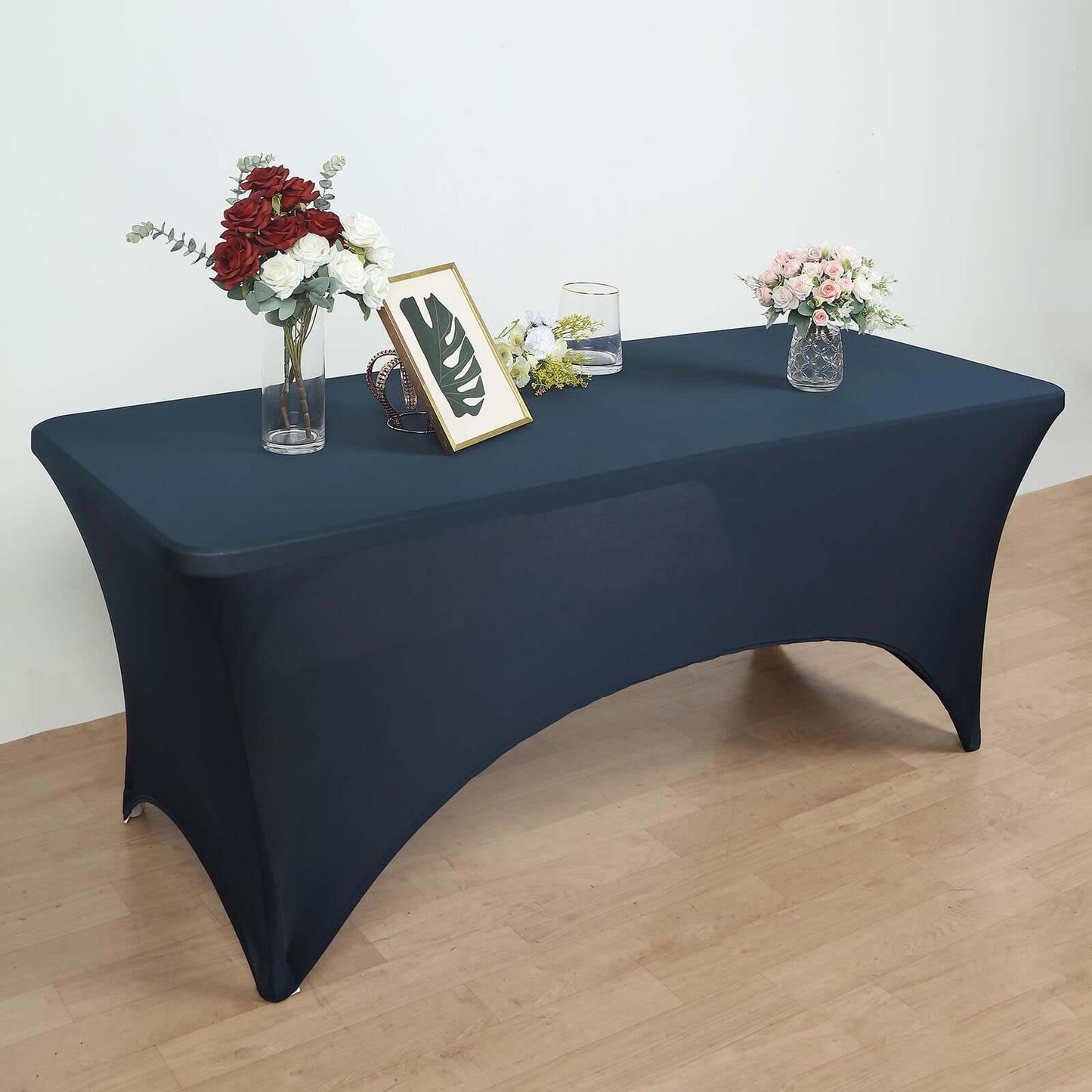 Stretch Spandex 72"x30" Rectangular Table Cover Navy Blue with Curved Open Back Design Tailored Professional Look