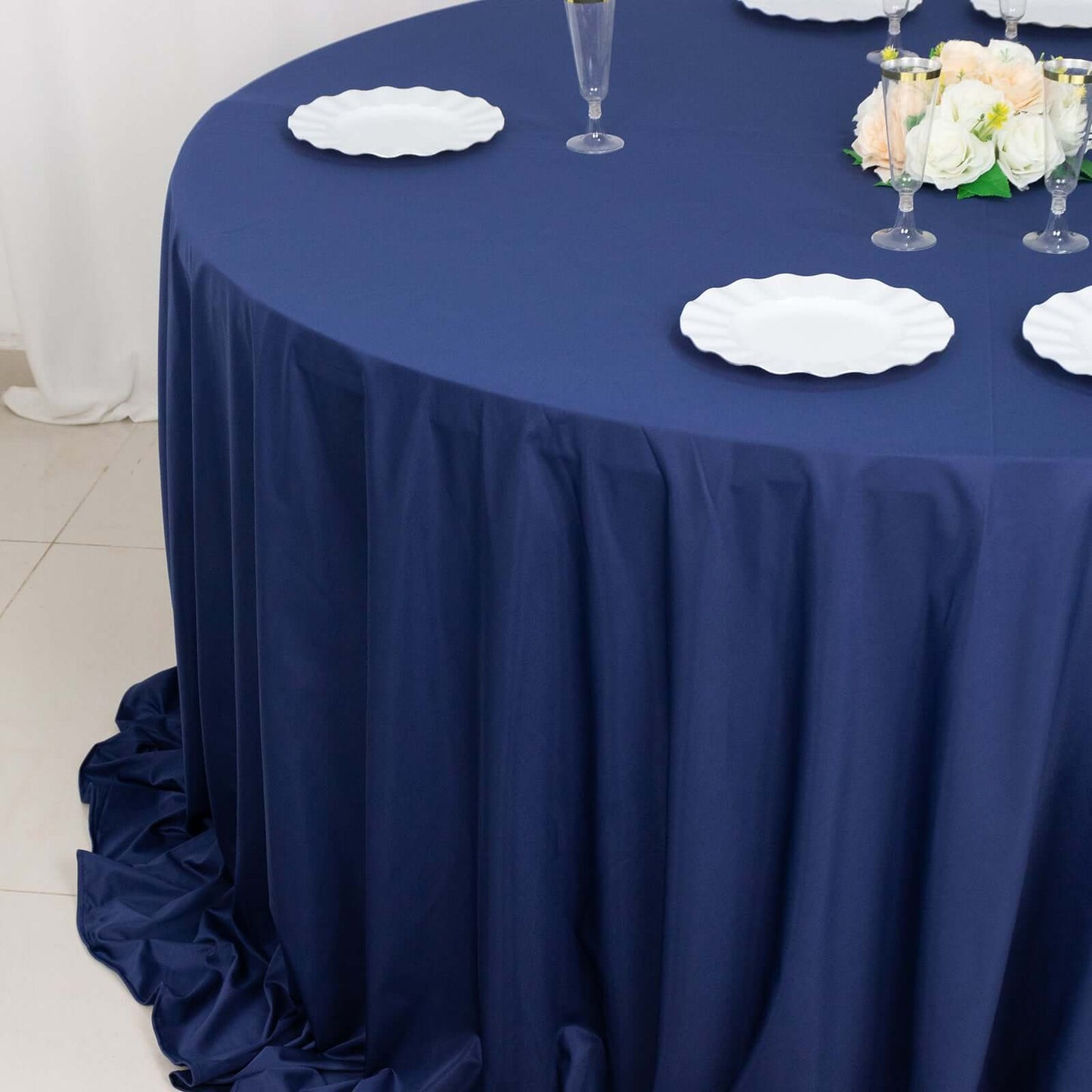 Scuba Round 132" Tablecloth Navy Blue - Wrinkle Free & Stain Resistant Seamless Table Cover