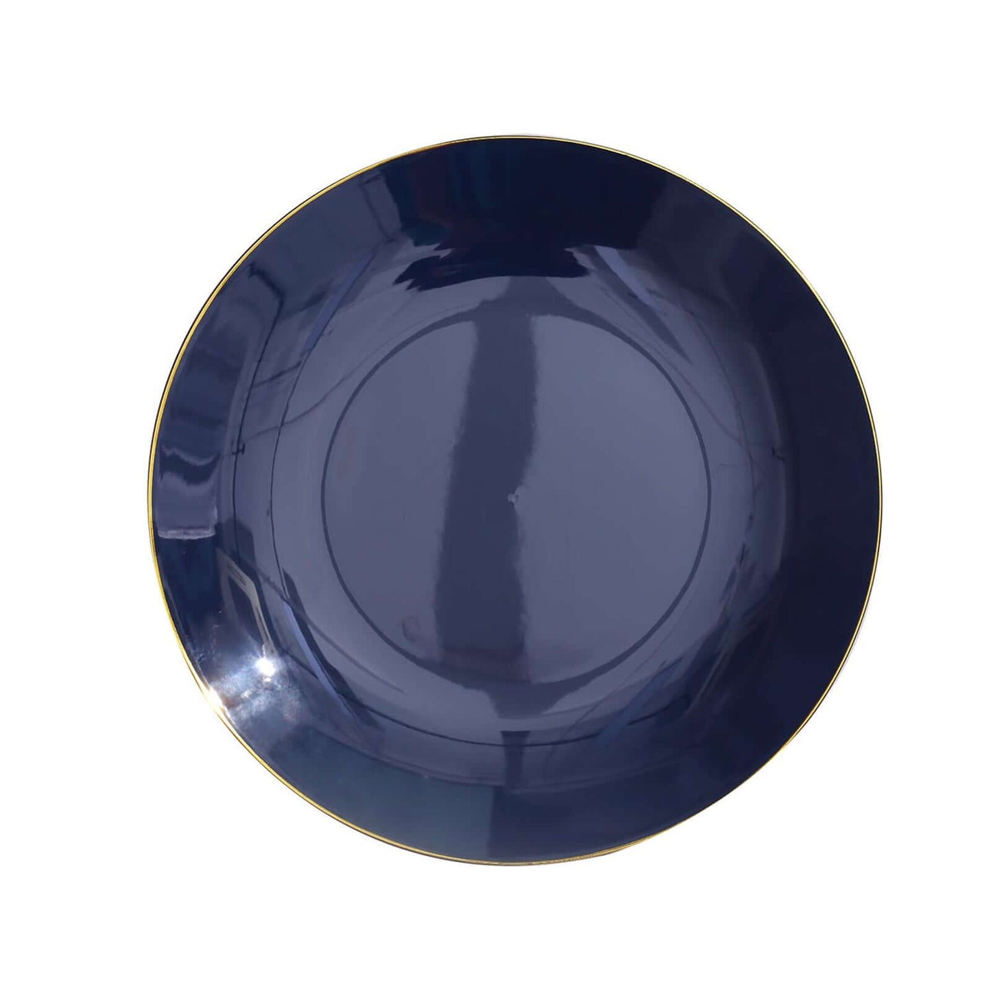 10-Pack Plastic 10" Round Dinner Plates in Navy Blue with Gold Rim - Glossy Disposable Party Plates