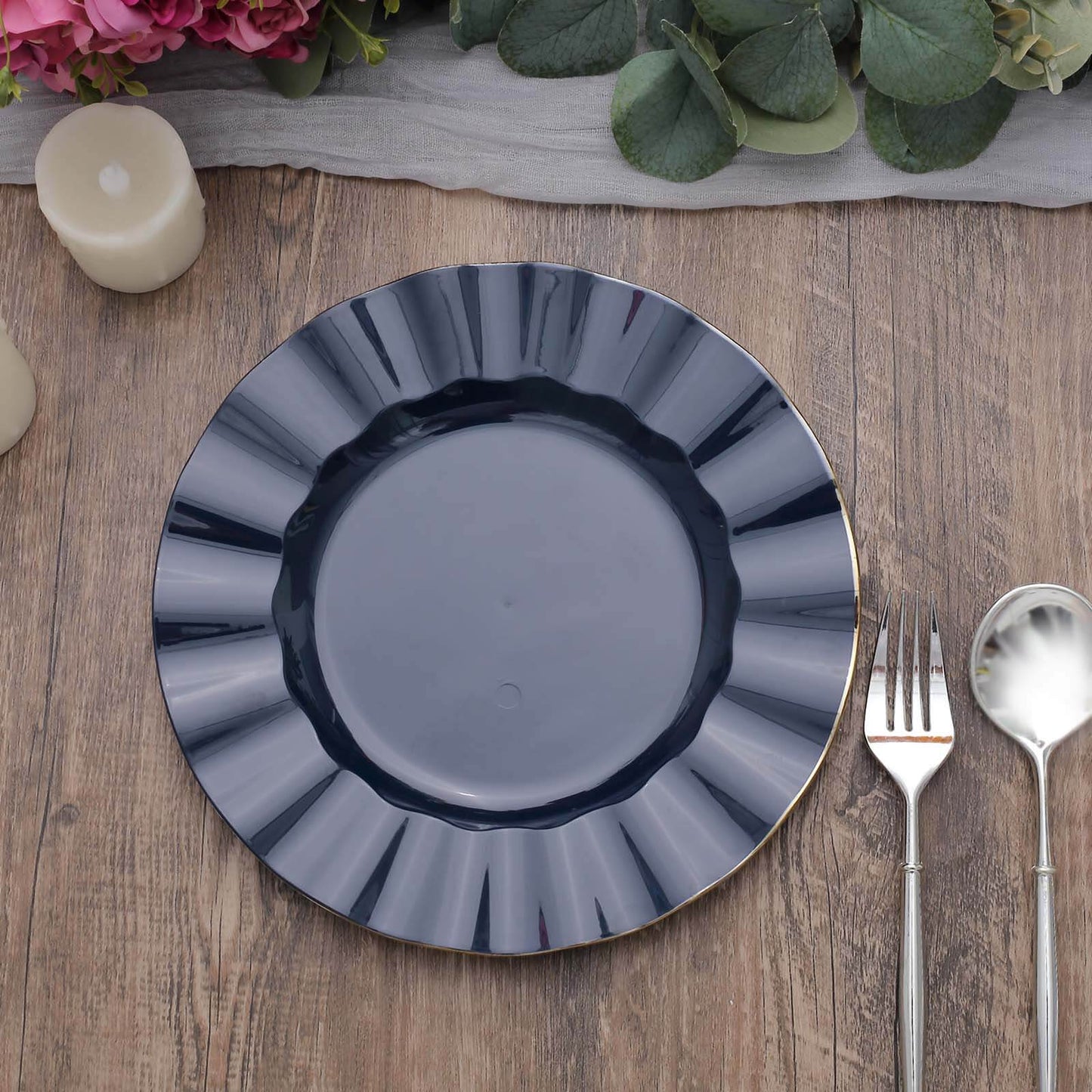 10-Pack Plastic 9" Round Dinner Plates in Navy Blue Ruffled Rim with Gold Edging - Sturdy Disposable Dinnerware