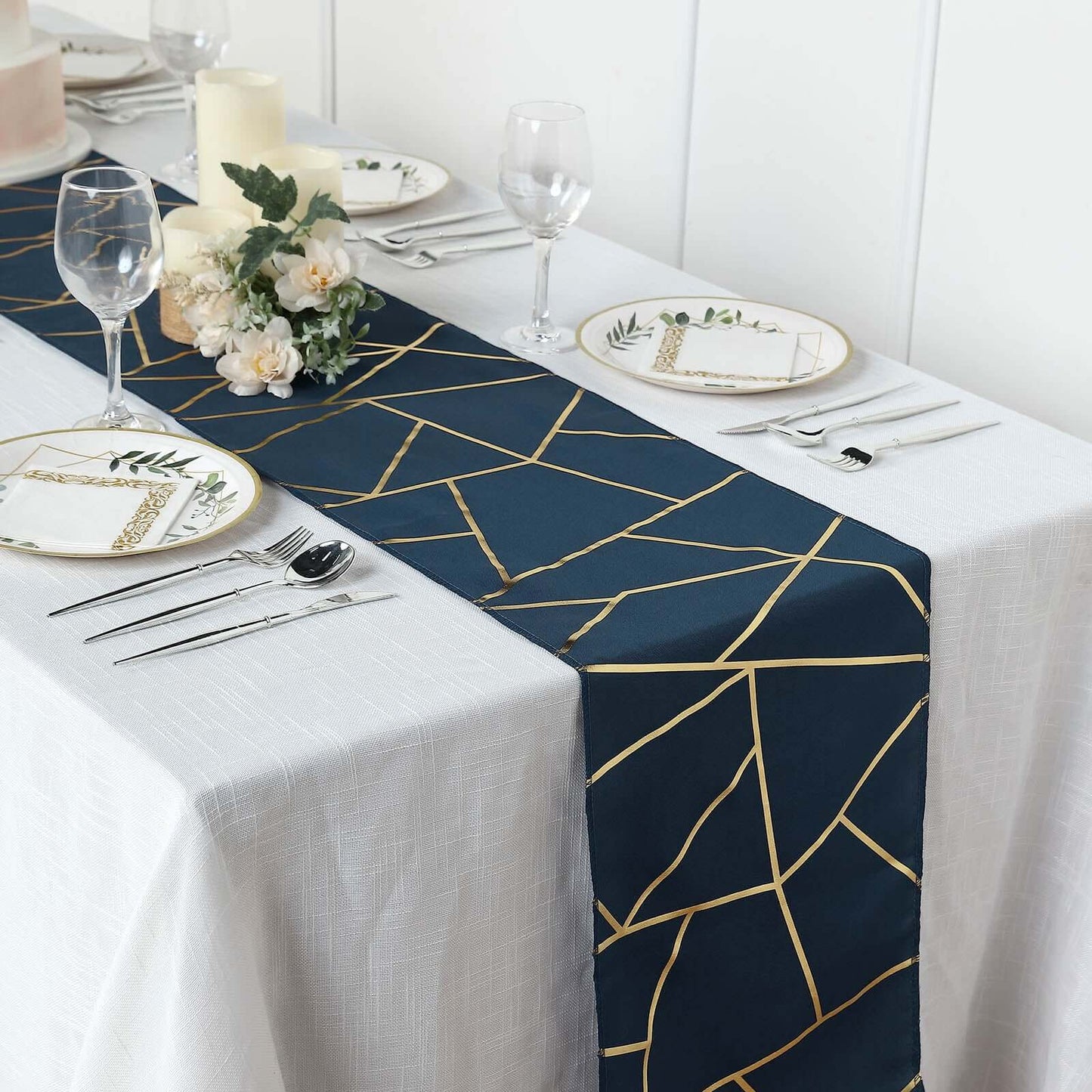 Polyester 9ft Table Runner Navy Blue with Gold Foil Modern Geometric Accent