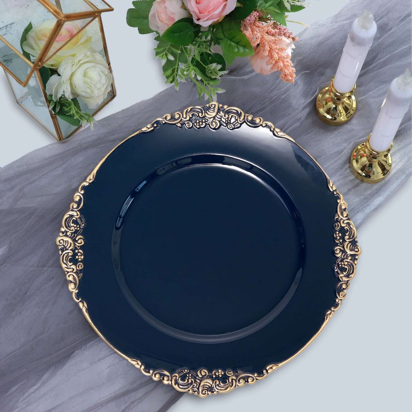 6-Pack Acrylic Round Charger Plates 13" in Navy Blue with Gold Embossed Baroque Rim, Antique Decorative Dinner Party Charger Tableware