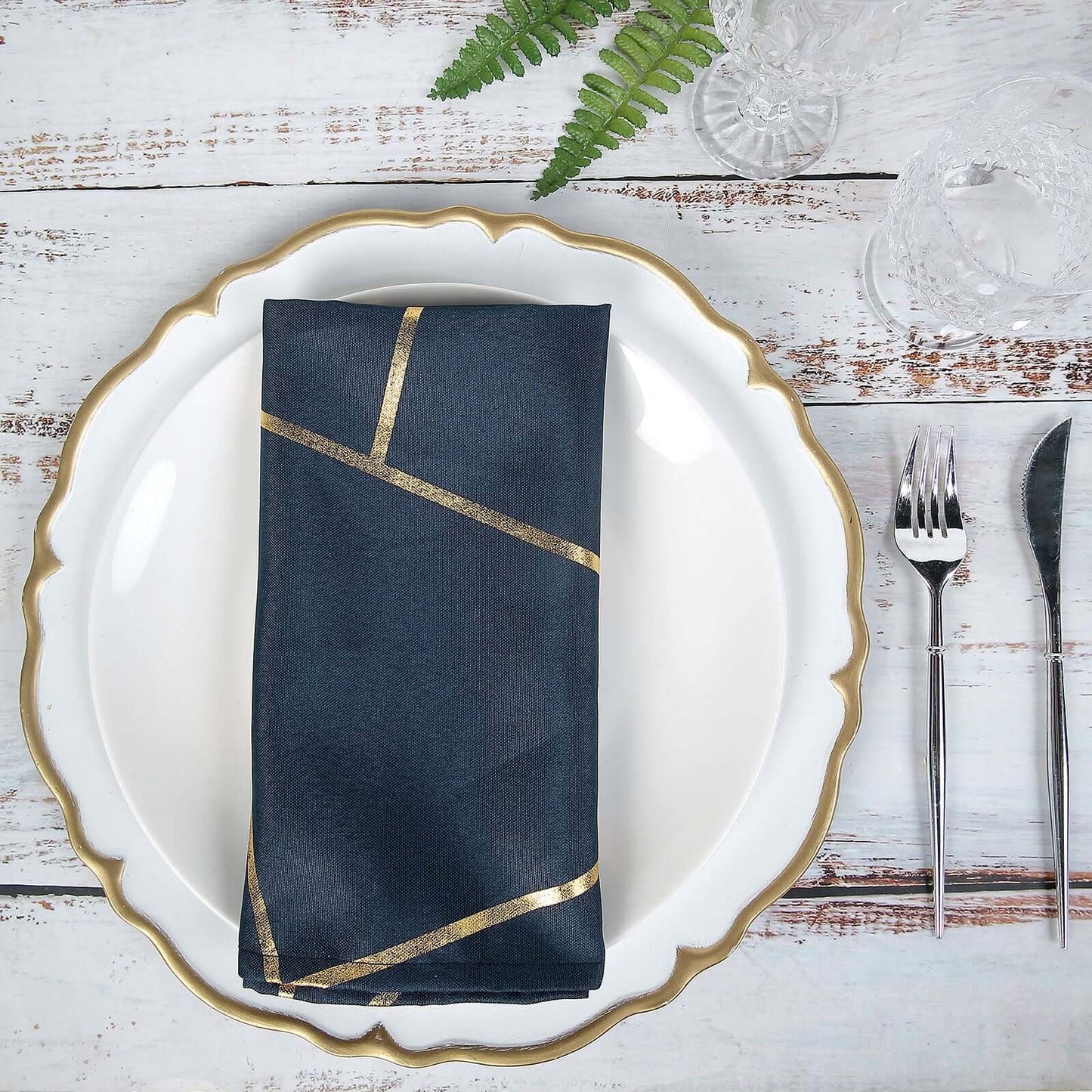 5 Pack Polyester 20"x20" Napkins Navy Blue with Gold Geometric Foil Pattern - Modern Reusable Dinner Napkins