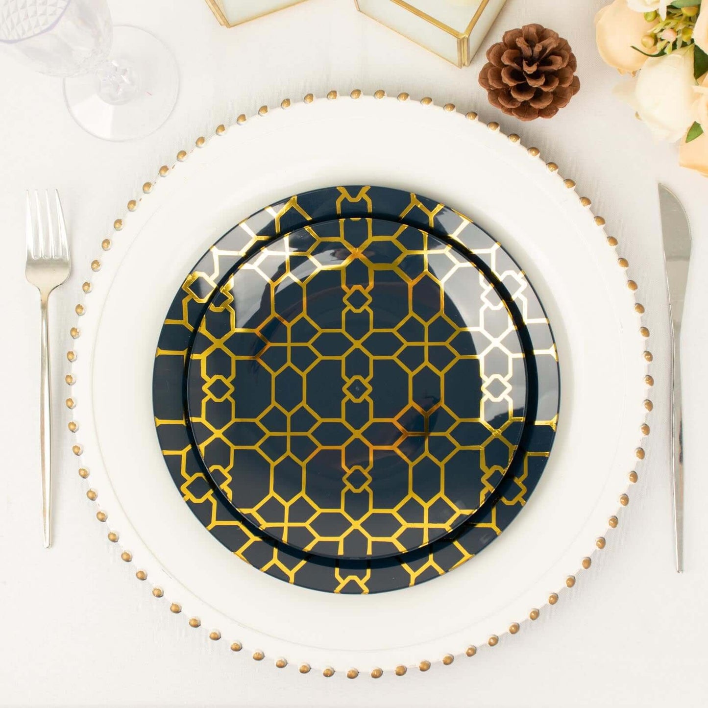 20-Pack Set Plastic Round Dinner and Salad Plates in Navy Blue with Geometric Gold Print - Modern Disposable Dinnerware Set for Weddings & Celebrations 9", 7"