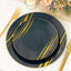10-Pack Plastic 7" Round Dessert Plates in Navy Blue with Gold Brush Stroked Print - Disposable Appetizer Salad Plates