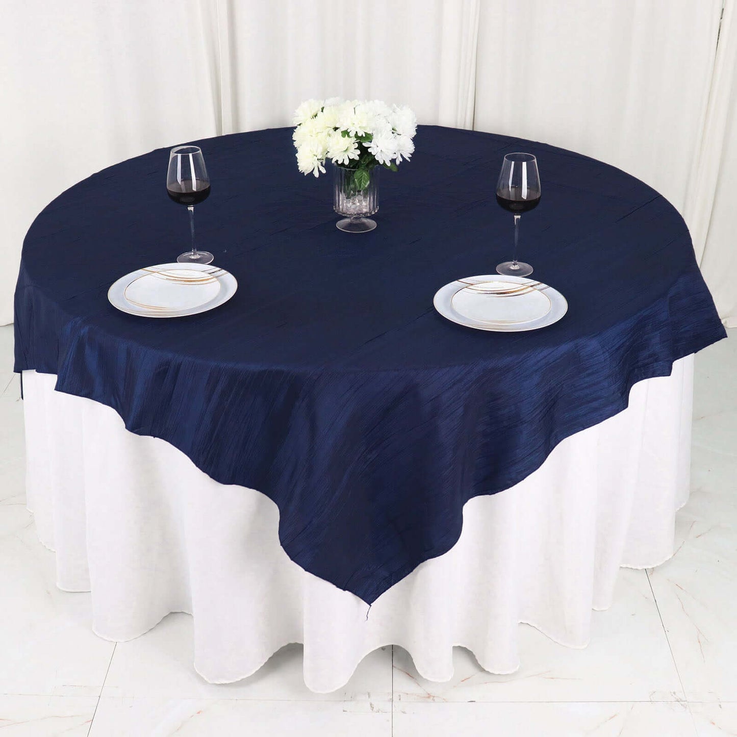Taffeta 72"x72" Table Overlay Square Tablecloth Navy Blue - Accordion Crinkle Table Cover
