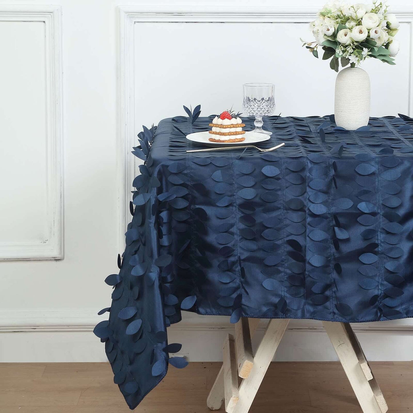 Taffeta 54"x54" Square Tablecloth Navy Blue 3D Leaf Petal Table Cover