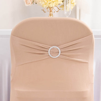 Stretch Spandex Chair Cover Nude for Folding Chairs - Secure Fit Slipcover with Silver Rhinestone Buckled Sash Band