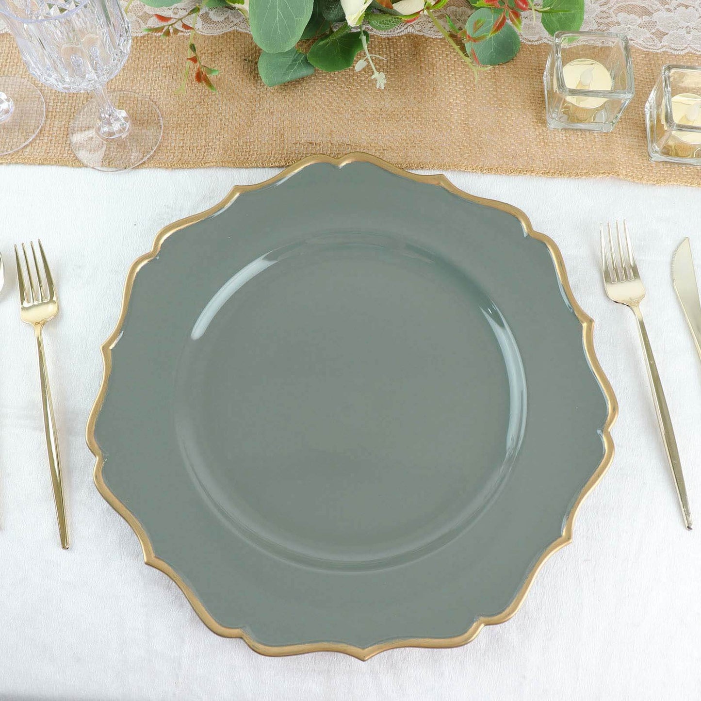 6-Pack Acrylic Round Charger Plates 13" in Olive Green with Gold Scalloped Rim, Decorative Dinner Party Plastic Charger Tableware
