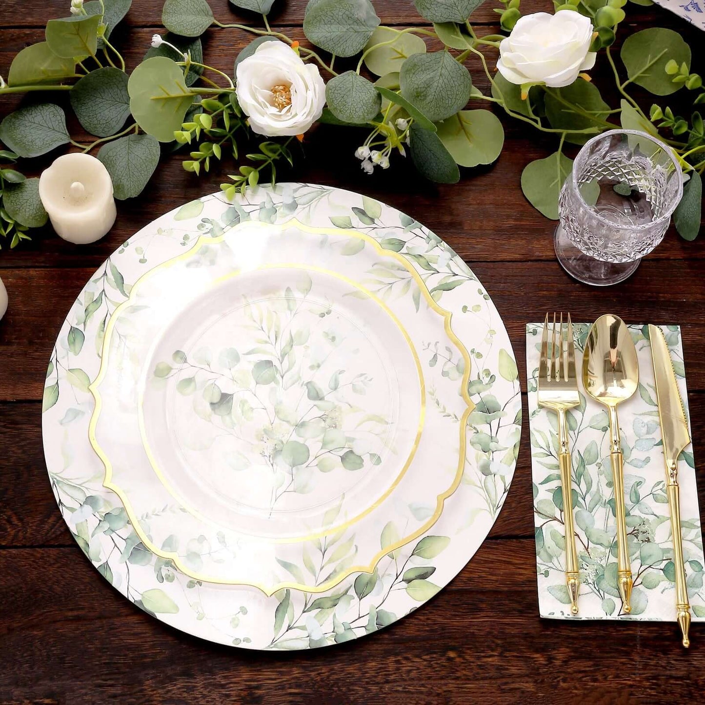 6-Pack Disposable Charger Plates in Eucalyptus Leaves Print 13" in White/Green - 700GSM Floral Paper Chargers for Stylish & Easy Cleanup