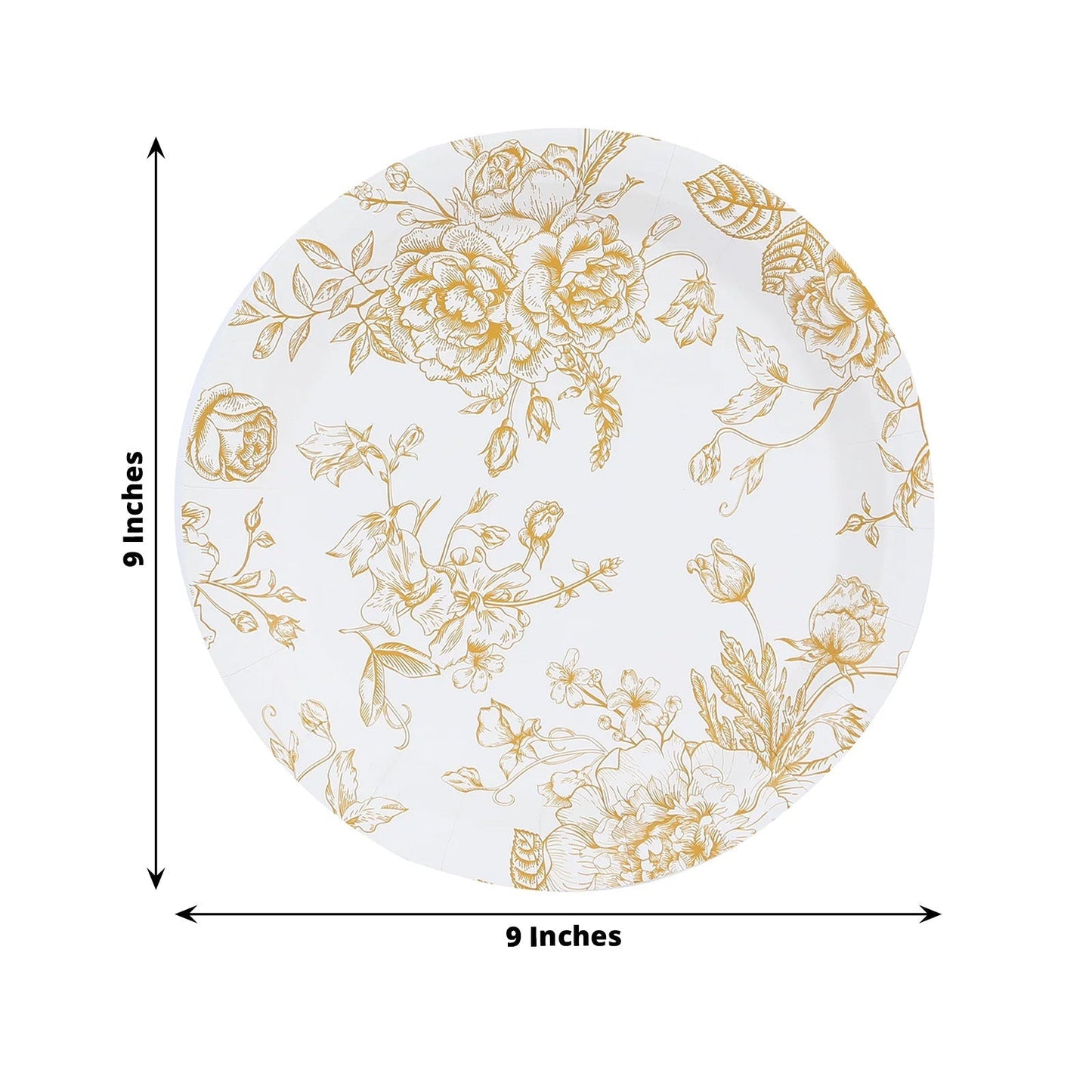 25-Pack Paper 9" Round Dinner Plates in White with Gold French Toile Pattern - Disposable Floral Party Plates for Stylish Events