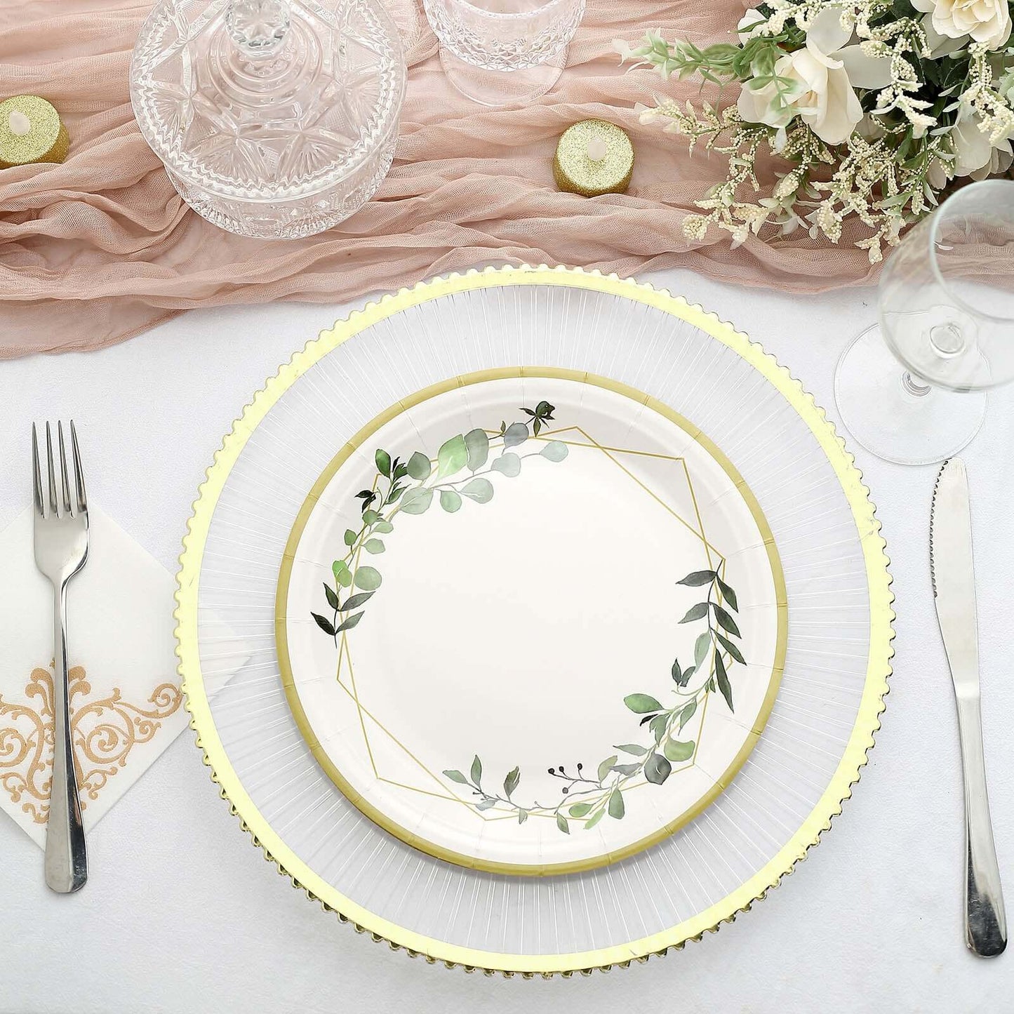 24-Pack Paper 9" Round Dinner Plates in White with Eucalyptus Leaves & Gold Rim - Disposable 300GSM Party Plates for Modern & Nature-Inspired Events