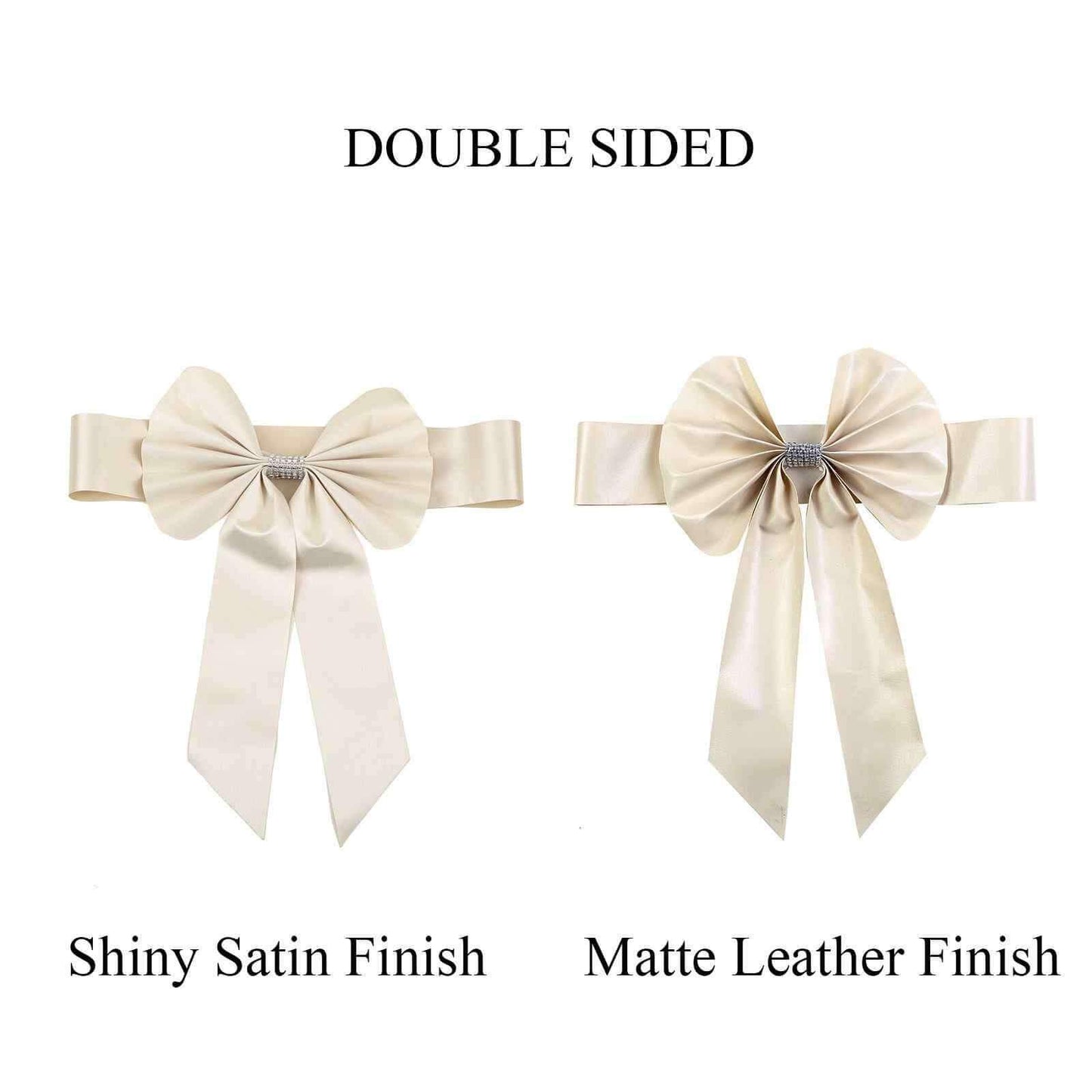 5 Pack Satin Faux Leather Chair Sashes Ivory - Durable Double Sided Pre-tied Bow Tie Chair Bands with Diamond Rhinestone Buckles