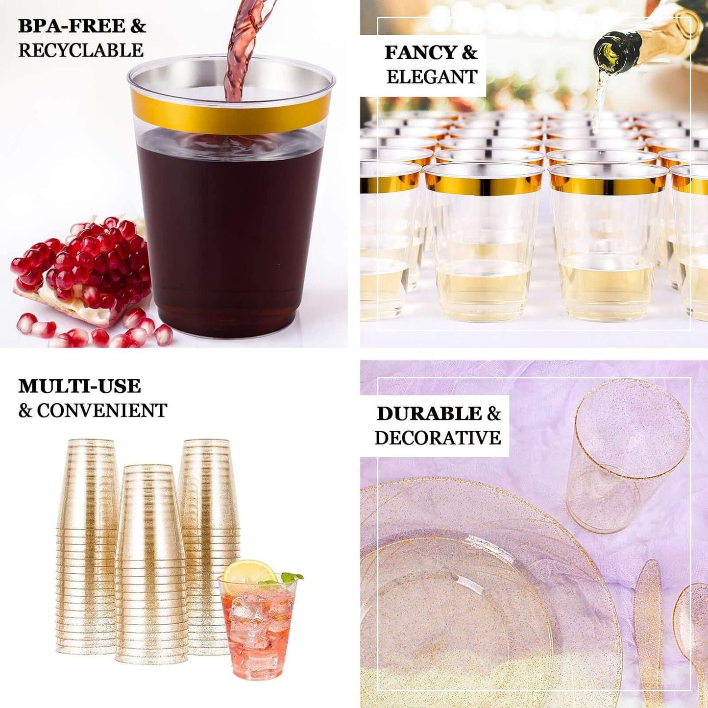 25-Pack Plastic Tumbler Cups Transparent Amber Gold with Gold Rim - Stylish Disposable Party Glasses 10oz