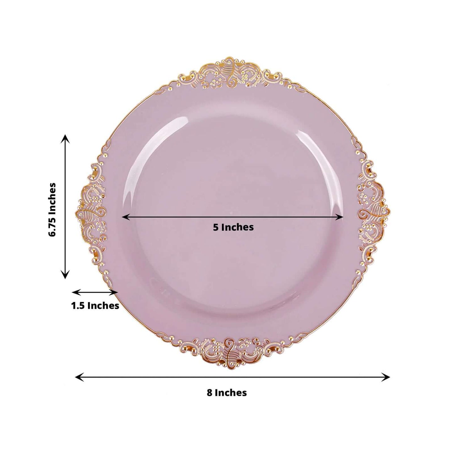 10-Pack Plastic 8" Round Dessert Plates in Lavender Lilac with Gold Leaf Embossed Rim - Disposable Vintage Baroque Style Salad Plates