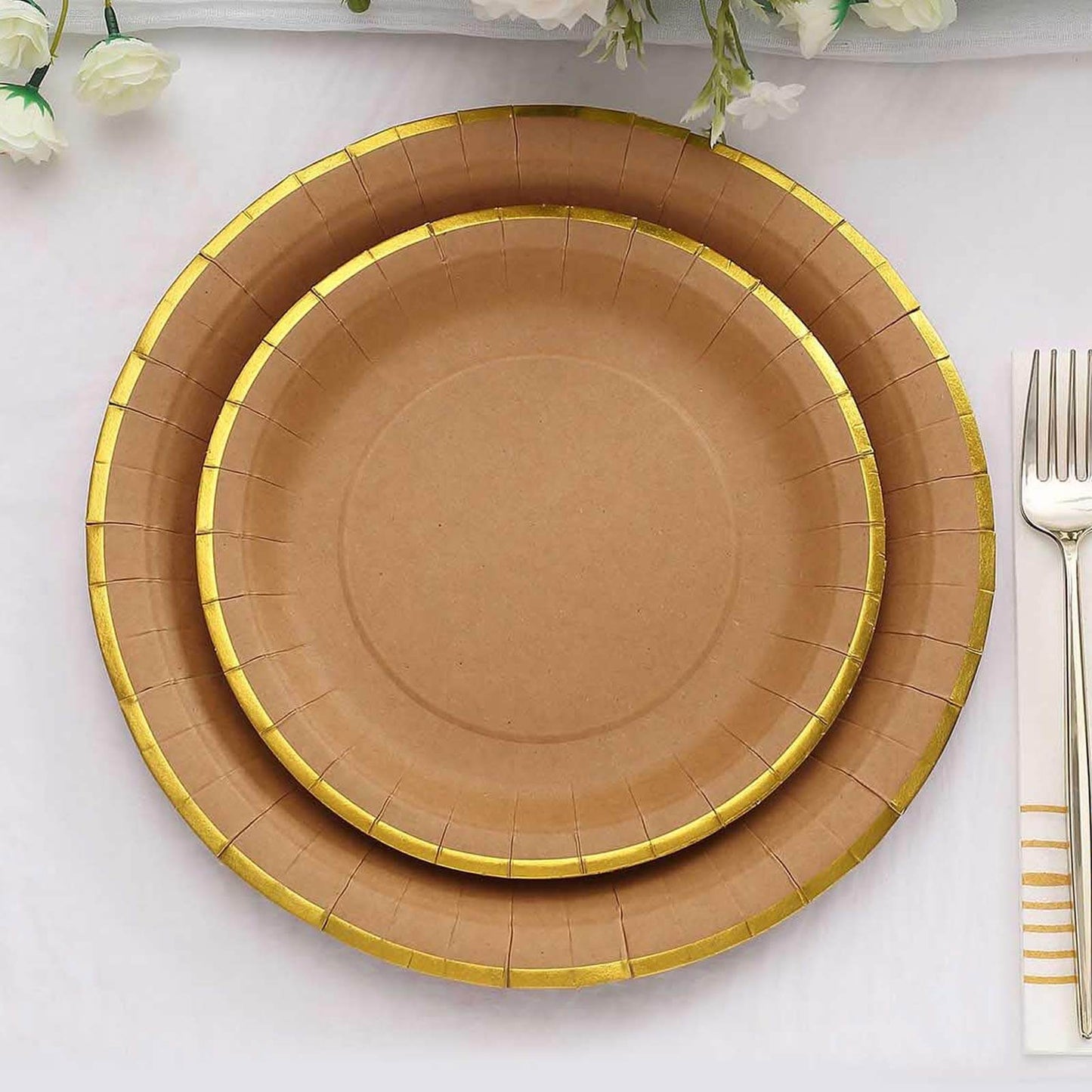 25-Pack Kraft Paper 8" Round Dessert Plates in Natural Brown with Gold Lined Rim - Disposable Salad Appetizer Plates for Rustic & Vintage Inspired Events