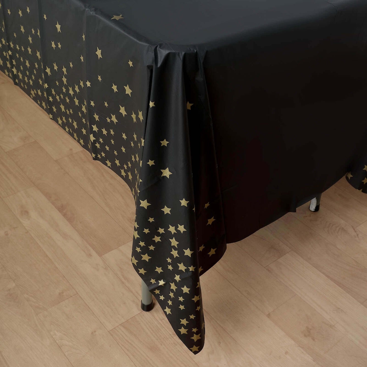 5-Pack Plastic Table Covers Black Rectangle with Gold Stars - Decorative PVC Disposable Tablecloths 54"x108"