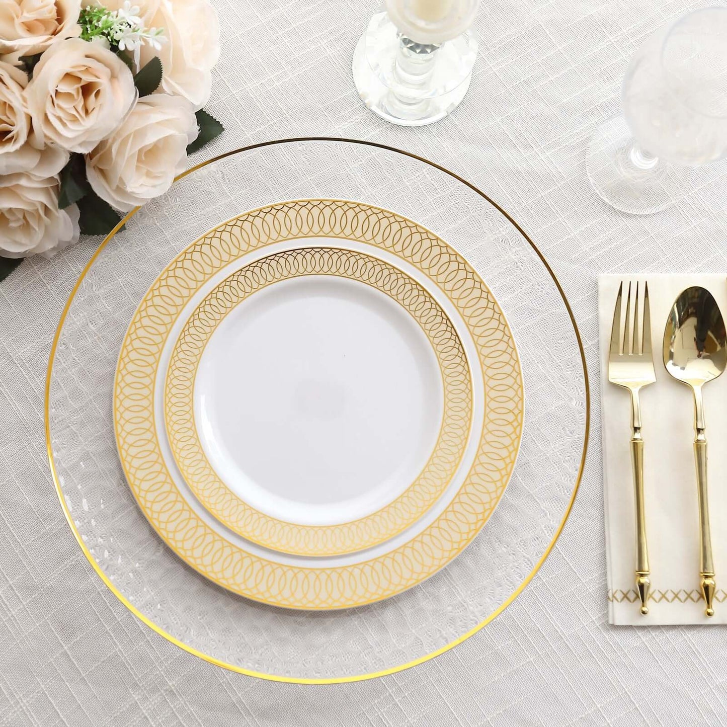 10-Pack Plastic Round Dinner Plates 10" White with Beige Gold Spiral Rim - Chic Disposable Party Plates