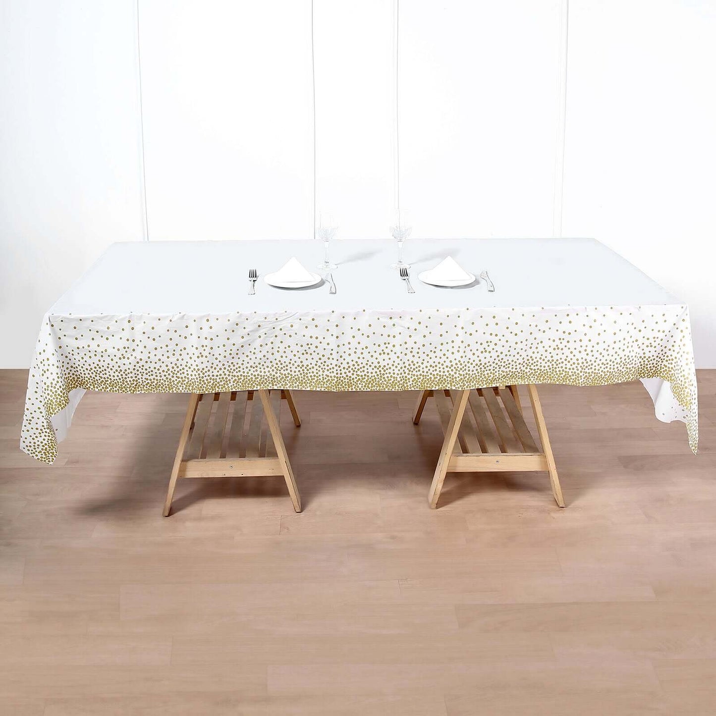 5-Pack Plastic Table Covers White Rectangle with Gold Confetti Dots - Durable PVC Disposable Tablecloths for Events 54"x108"