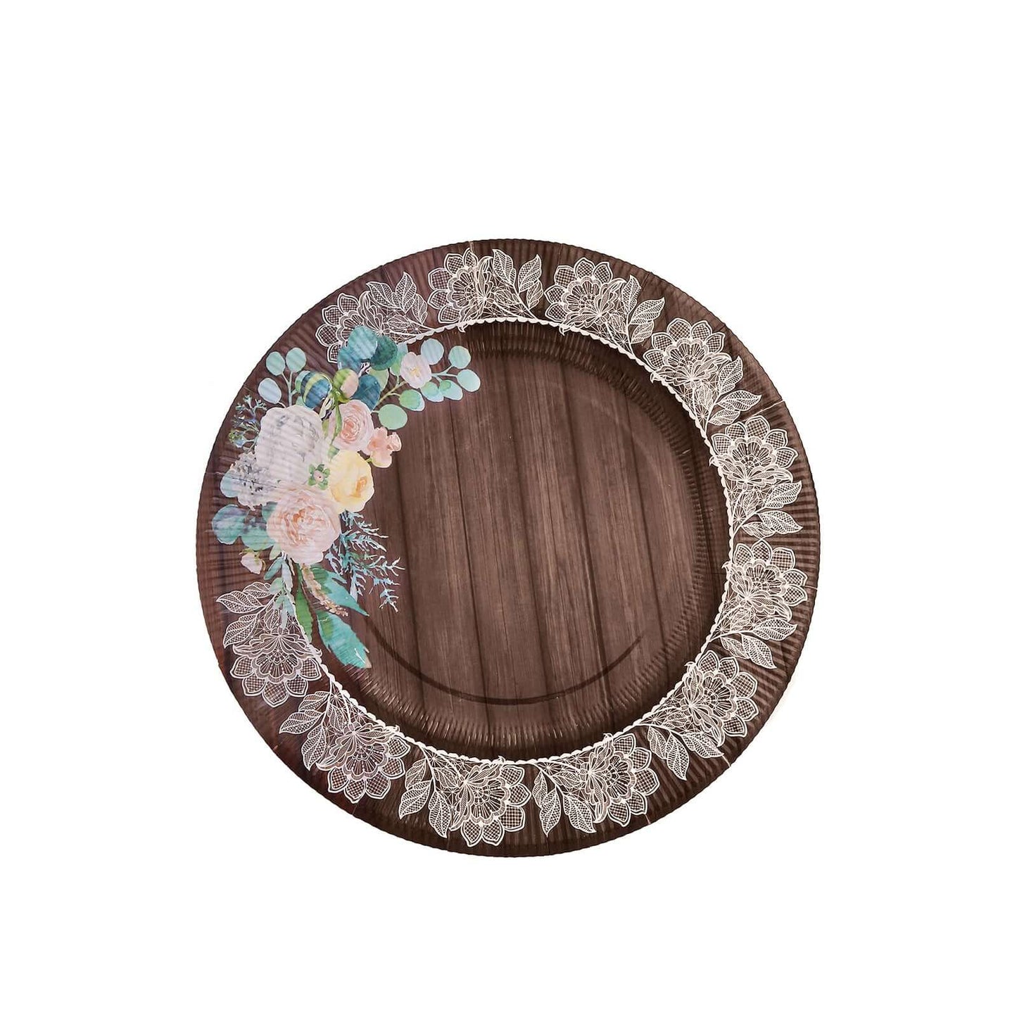 25-Pack Paper 8" Round Dessert Plates in Brown Wood Print with Floral Lace Rim - Disposable Salad Appetizer Plates for Farmhouse Events & Rustic Themes