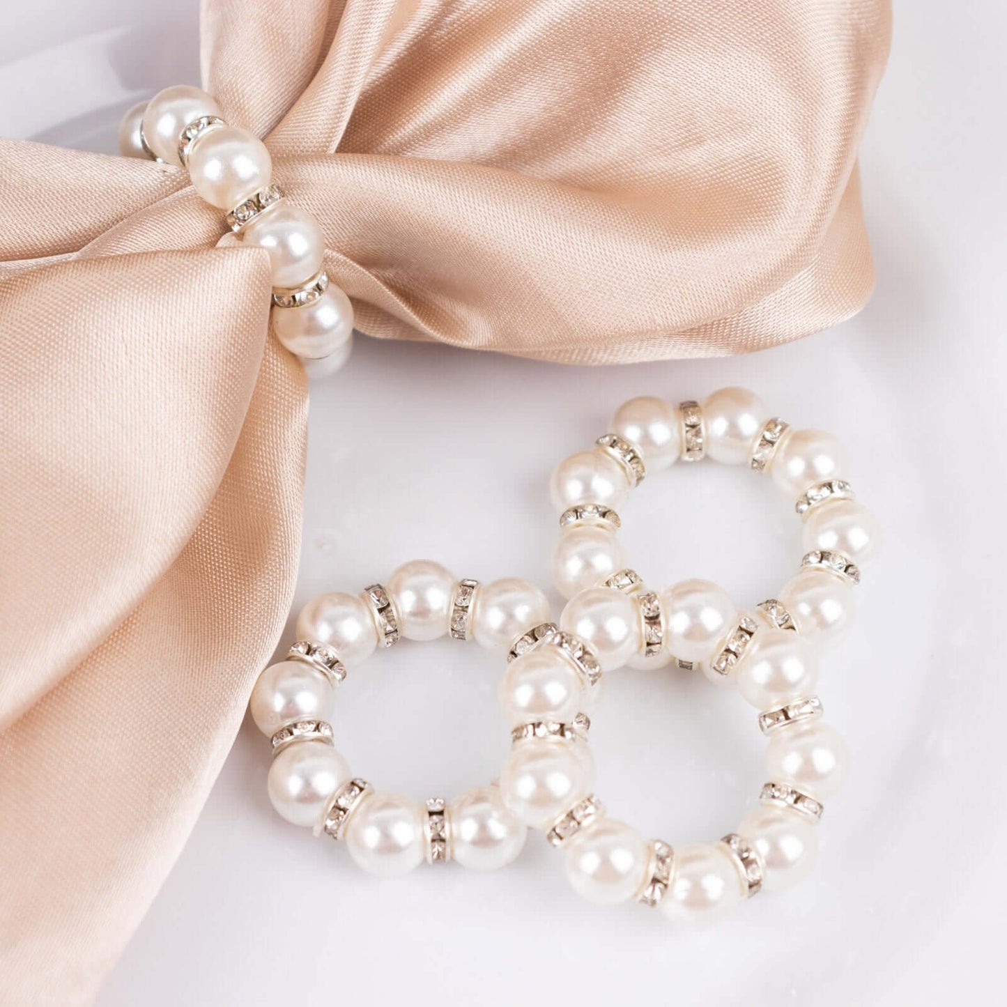 4 Pack 1.5" White Pearl Beads and Silver Rhinestone Napkin Rings, Elegant Round Serviette Buckle Napkin Holders