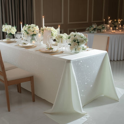 Scuba Rectangular Tablecloth 90"Ã—132" Pearl White with Rhinestone Accents â€“ Seamless, Wrinkle-Free, Stain-Resistant Event Linen